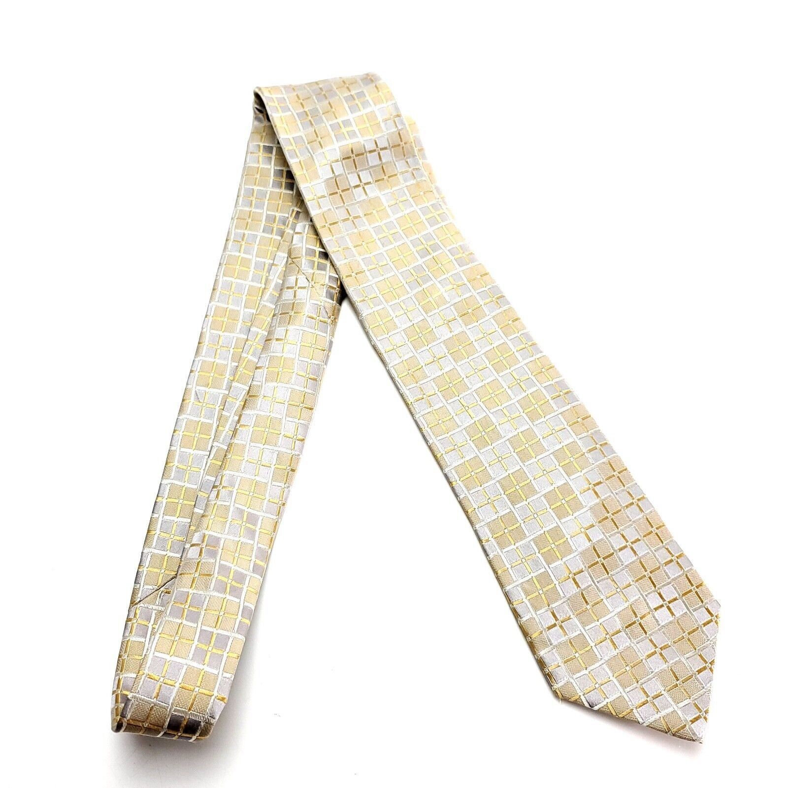Pronto Uomo Pronto Uomo Couture Silk Tie Woven Yellow Gray Checker Board Size ONE SIZE - 6 Thumbnail