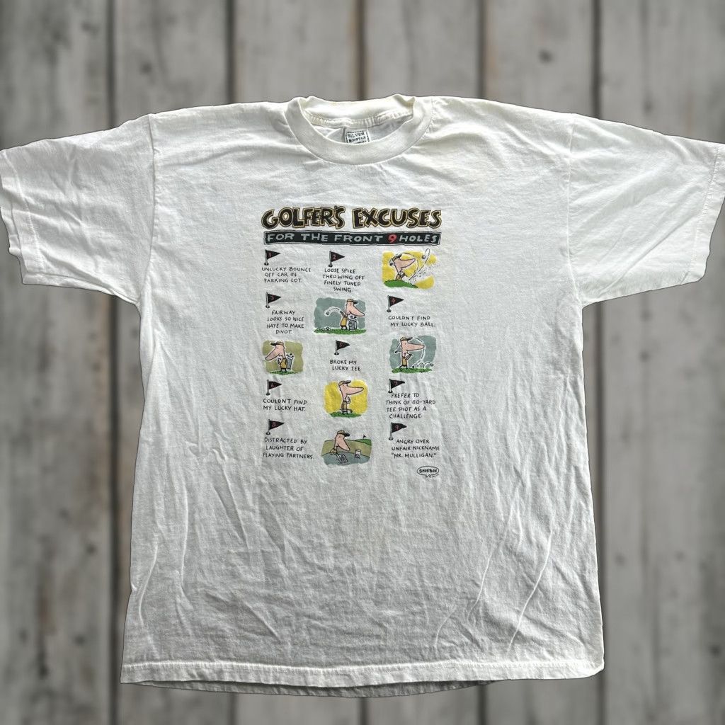 Vintage VINTAGE Silver Mountain Shoebox Golfers Excuses T-Shirt Mens XL White Funny Cartoon Graphic 90s Tee Size US XL / EU 56 / 4 - 1 Thumbnail