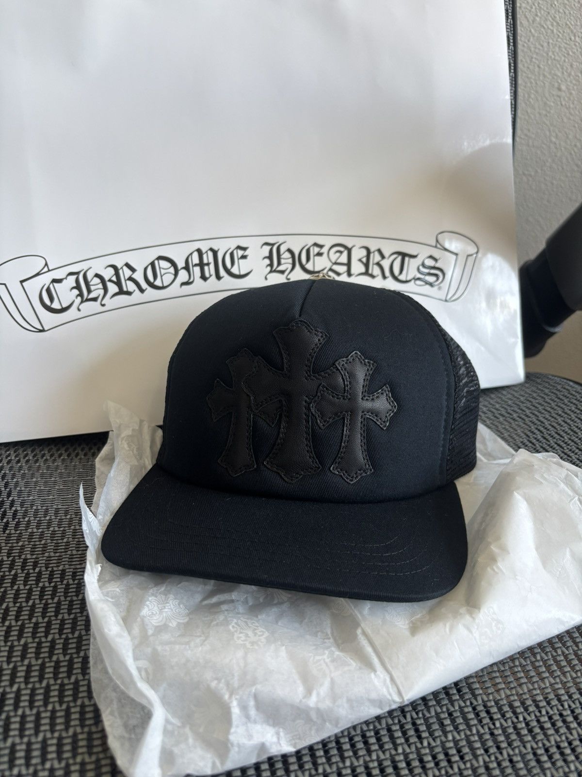 Chrome Hearts Triple Black leather cemetery cross patch trucker hat Size ONE SIZE - 1 Thumbnail