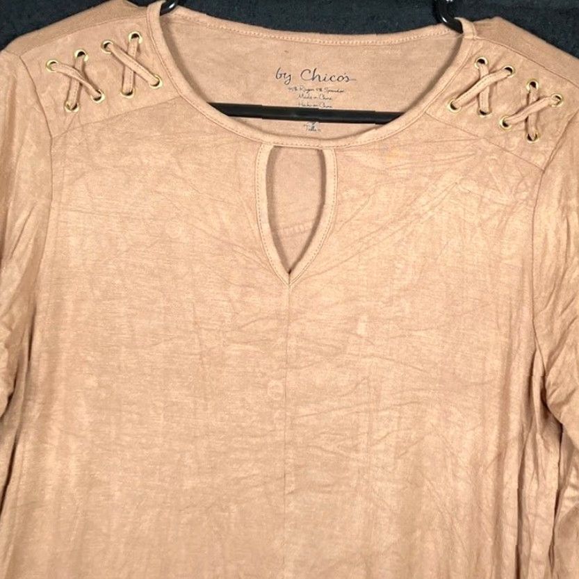 Vintage Chicos Womens Blouse Brown High Low Tunic Keyhole Lace Up Shoulder Stretch Crew Neck Long Sleeve Regular S Shirt Size S / US 4 / IT 40 - 2 Thumbnail