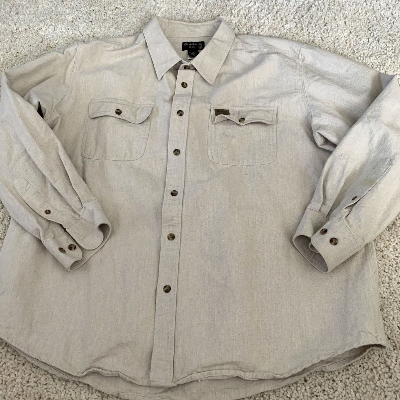 Vintage Guide Series Chamois Shirt Mens XL Long Sleeve Button-Up Beige 100% Cotton Outdoor Casual Pocketed Breathing Easy Care 3-Pocket Shirt Mens XL Beige Size US XL / EU 56 / 4 - 5 Thumbnail