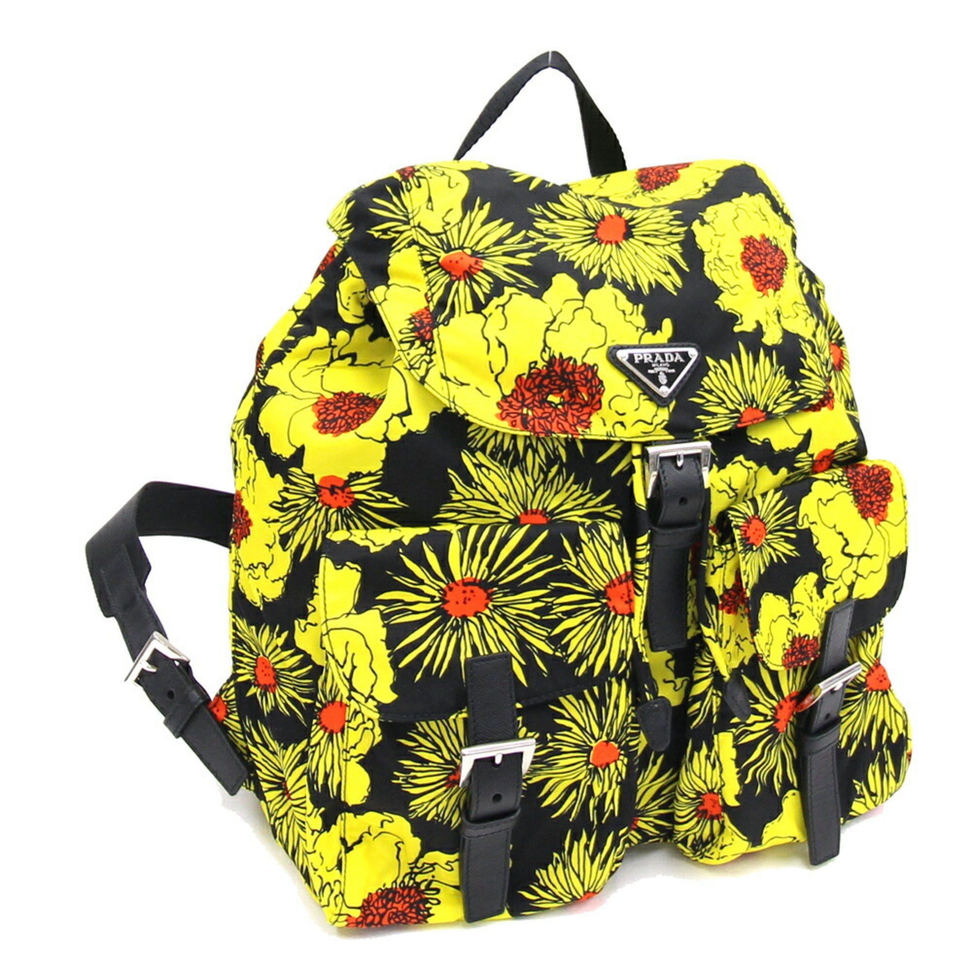 image of Prada Backpack 1Bz811 Yellow Black Nylon Leather Flower Women's Prada