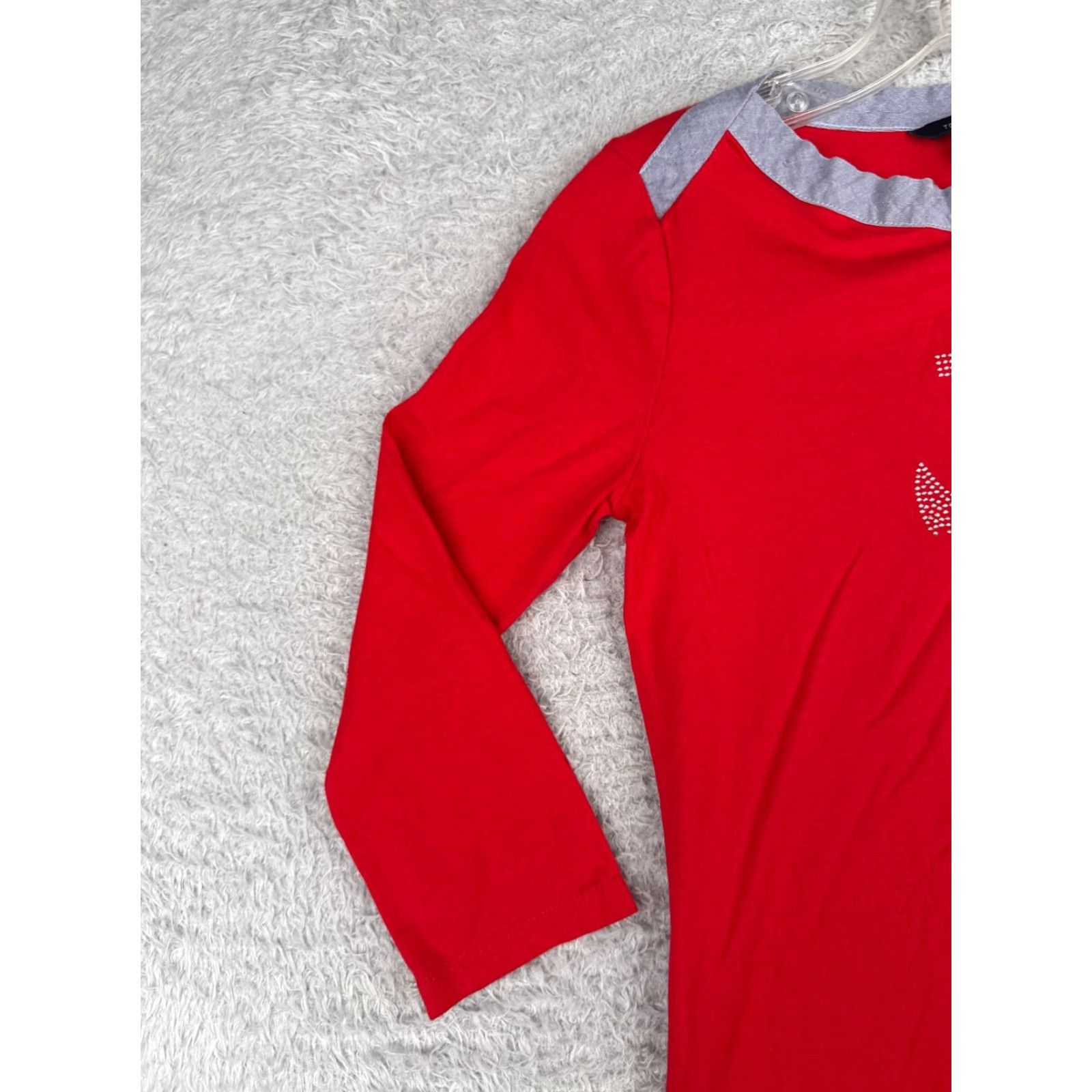 Tommy Hilfiger TOMMY HILFIGER Shirt Women XS Red Striped 3/4 Sleeve Boat Neck Cotton Casual Rhinestone Size XS / US 0-2 / IT 36-38 - 3 Thumbnail