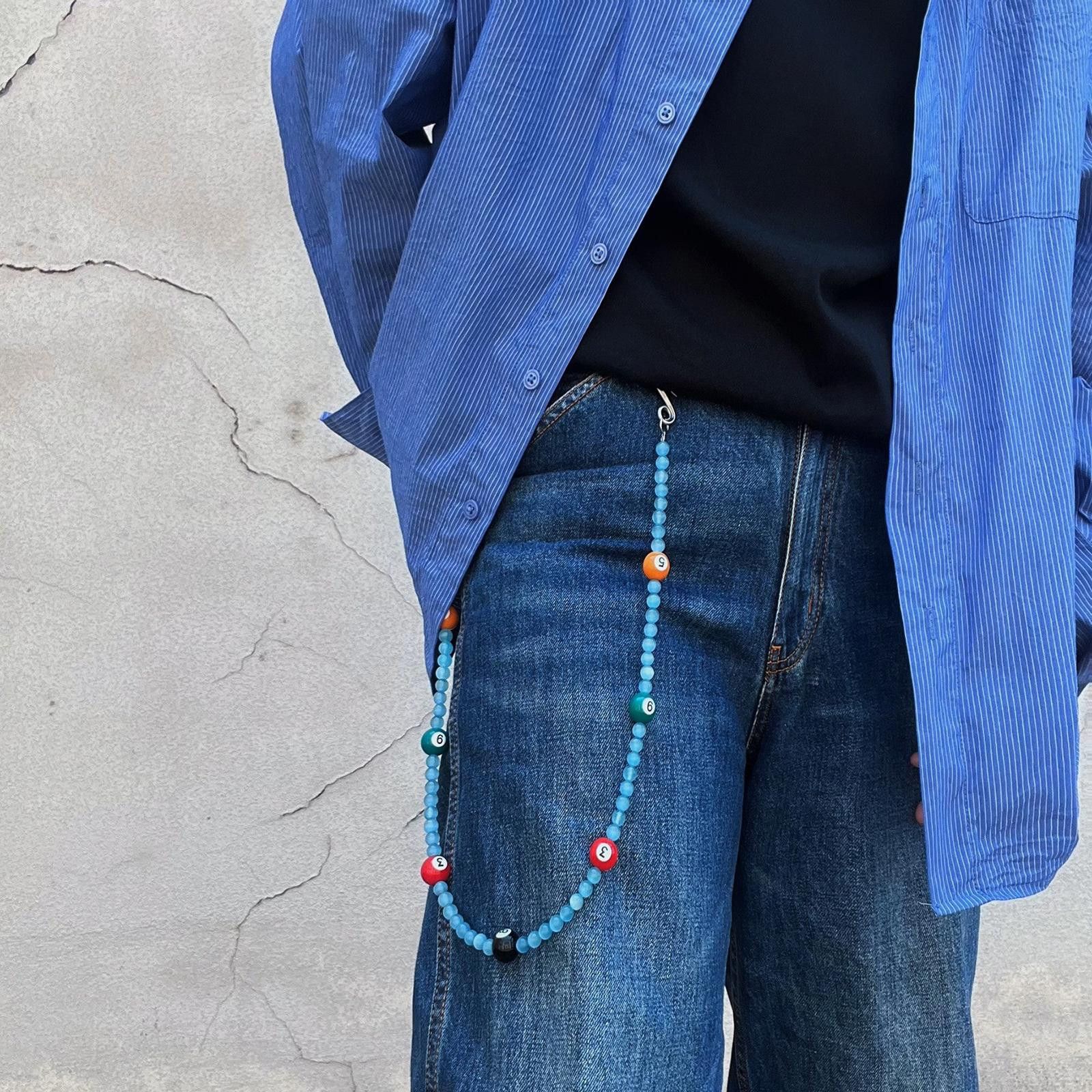 Jewelry 8 Ball Blue Long Wallet Chain, Pants Chain in Silver, Men's