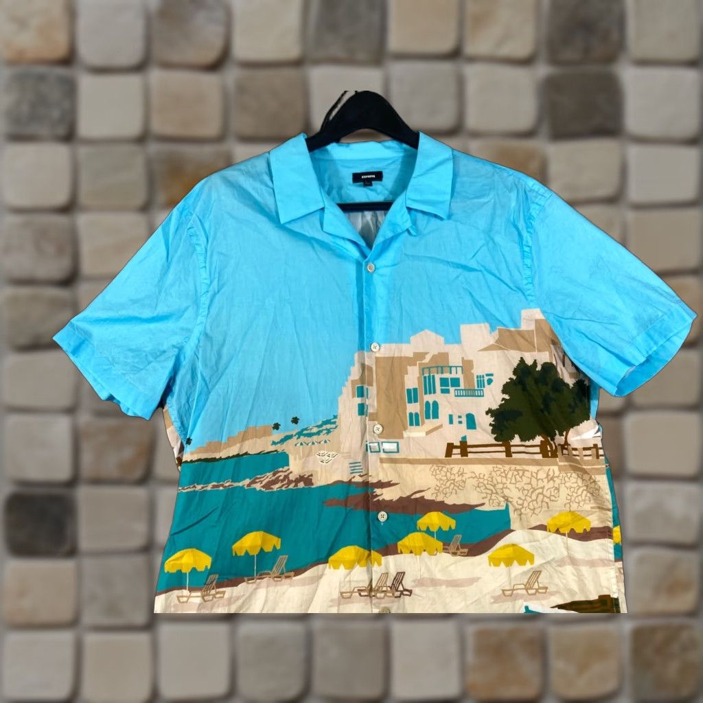 Express **Hawaiian Express Mens Blue Graphic Stretch Button-Up Shirt L** User: **Express Hawaiian Mens Blue Graphic Stretch Button-Up Shirt L** Size US L / EU 52-54 / 3 - 1 Thumbnail