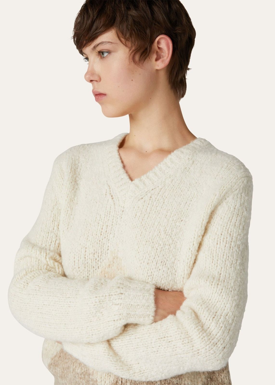 Loro Piana o1srvl11e1125 FAN1195 Cocooning V-neck Sweater White/Brown Size XS / US 0-2 / IT 36-38 - 7 Thumbnail