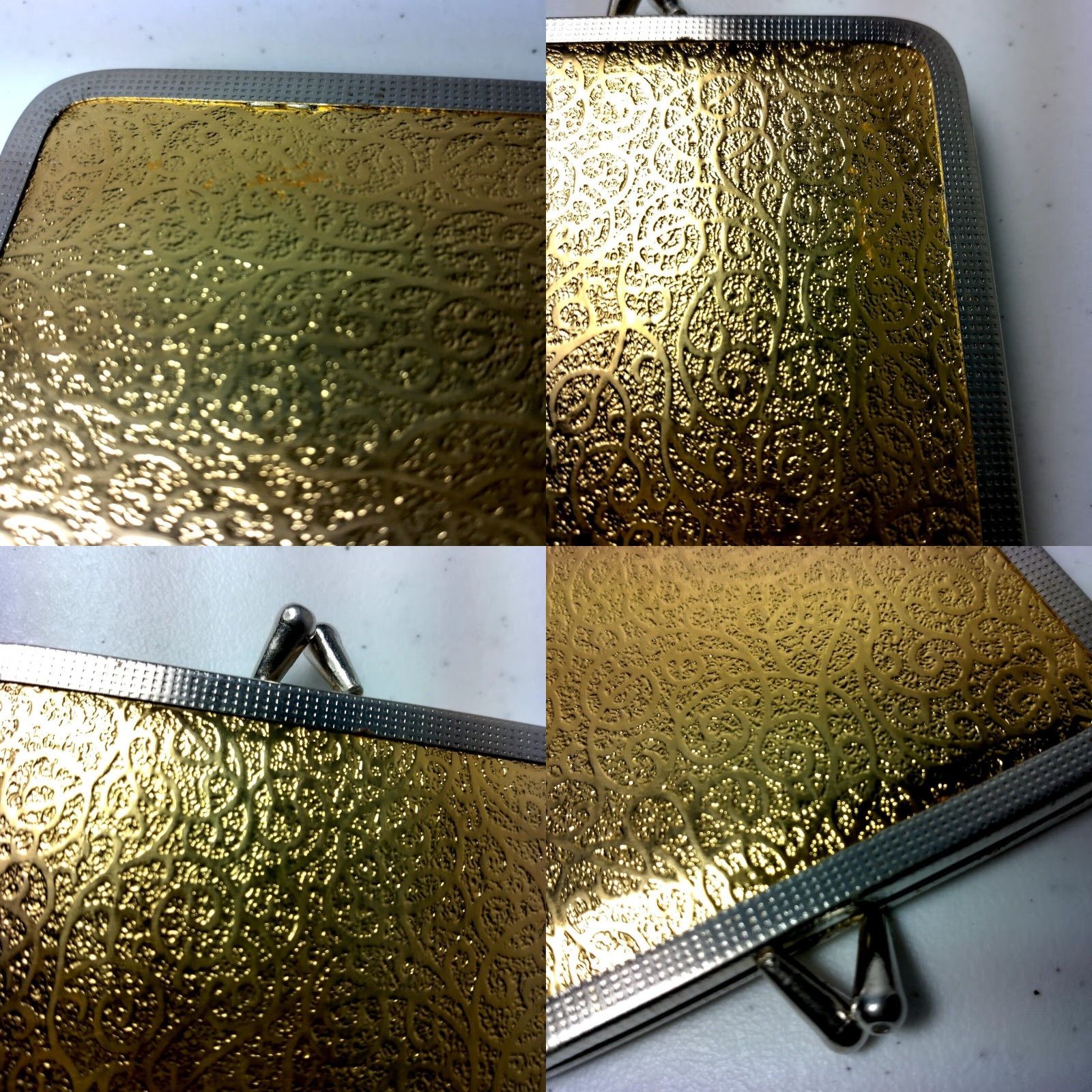 Vintage VINTAGE Mod Purse Mirror Gold Lame Swirl Kiss Lock Double Sided Compact READ Purse Mirror Women Gold 4 5/8" 4" Vintage Mod MCM style fashion Size ONE SIZE - 8 Thumbnail