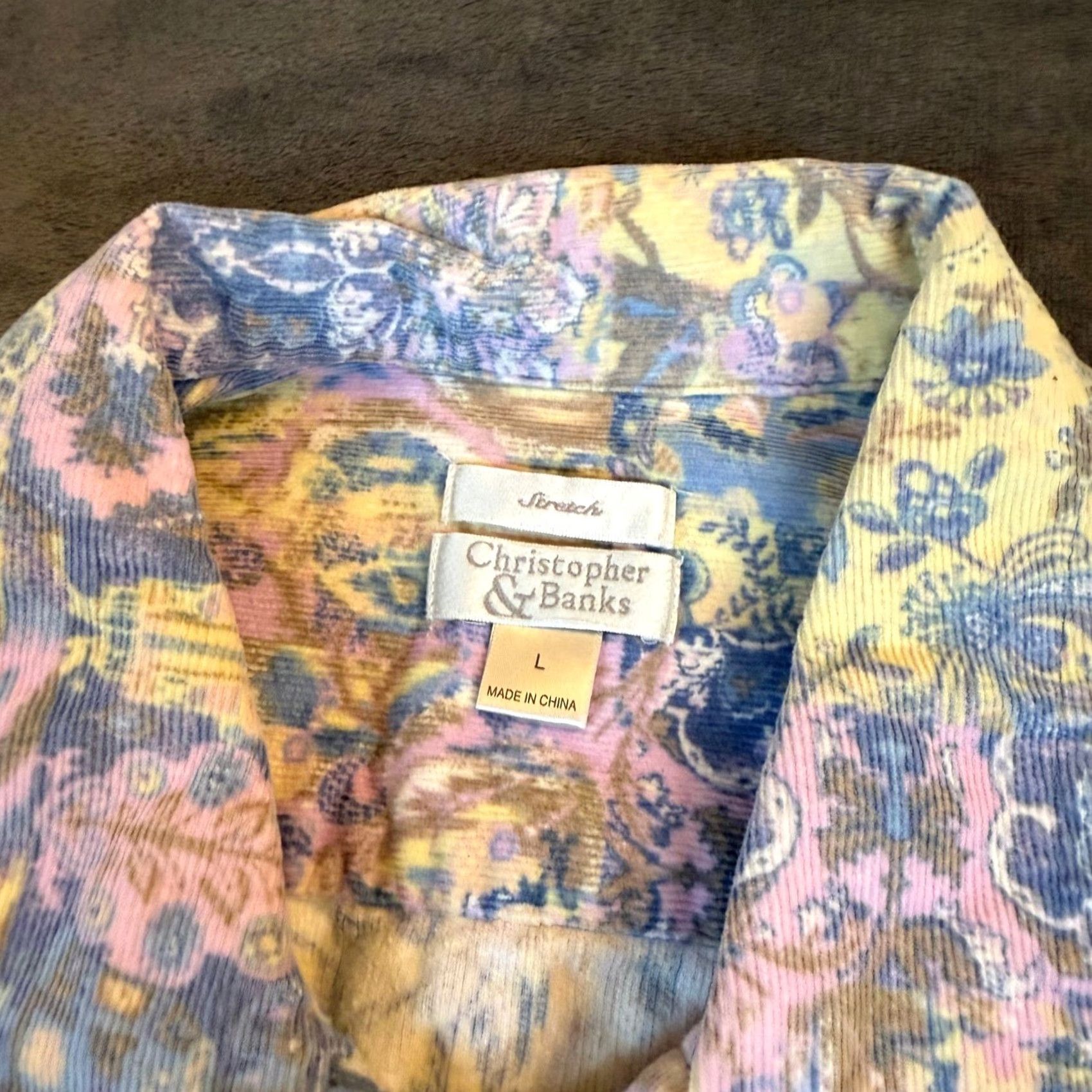 Vintage Christopher & Banks Jacket Womens Large Blue Yellow Paisley Corduroy Stretch Button Front Collared Pockets Short Length Size L / US 10 / IT 46 - 3 Thumbnail