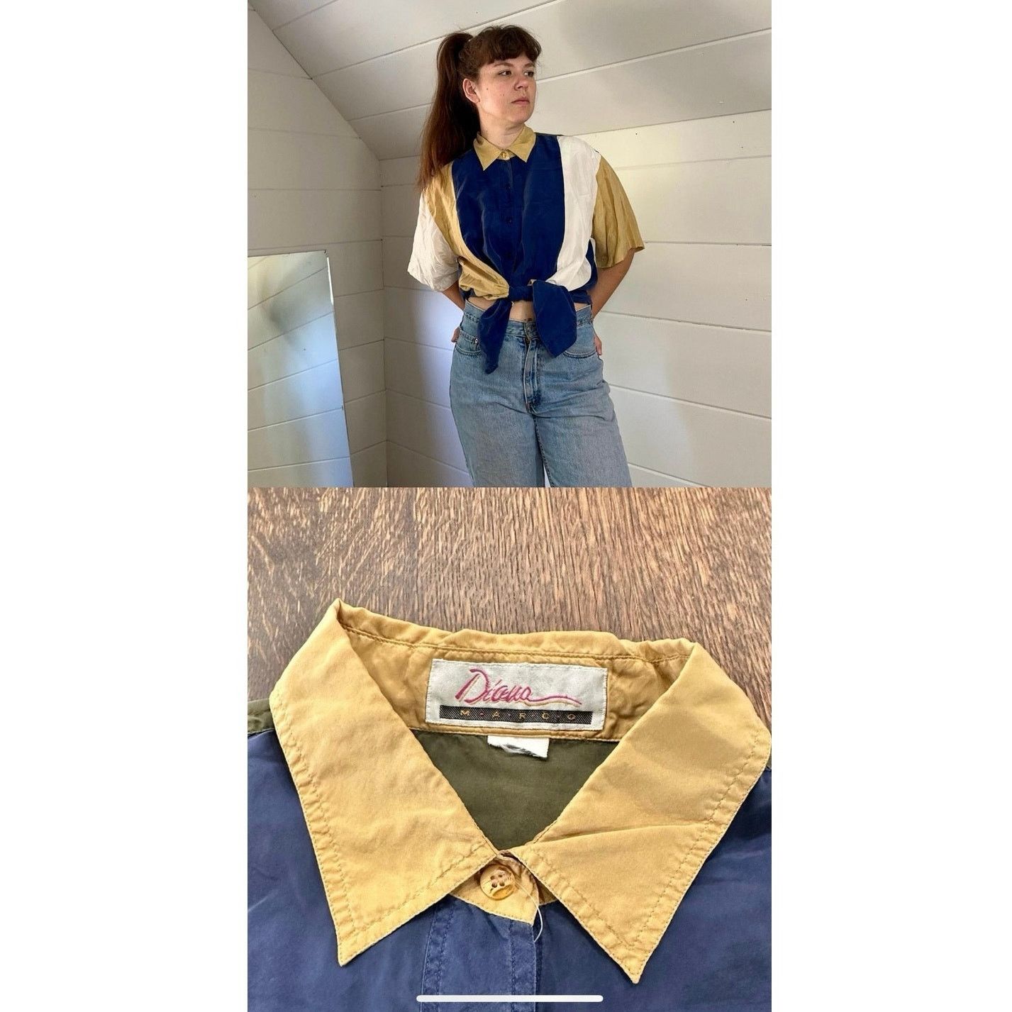 Vintage Vintage 90s Diana Marco Blue tan cream silk blouse Large Size L / US 10 / IT 46 - 4 Thumbnail