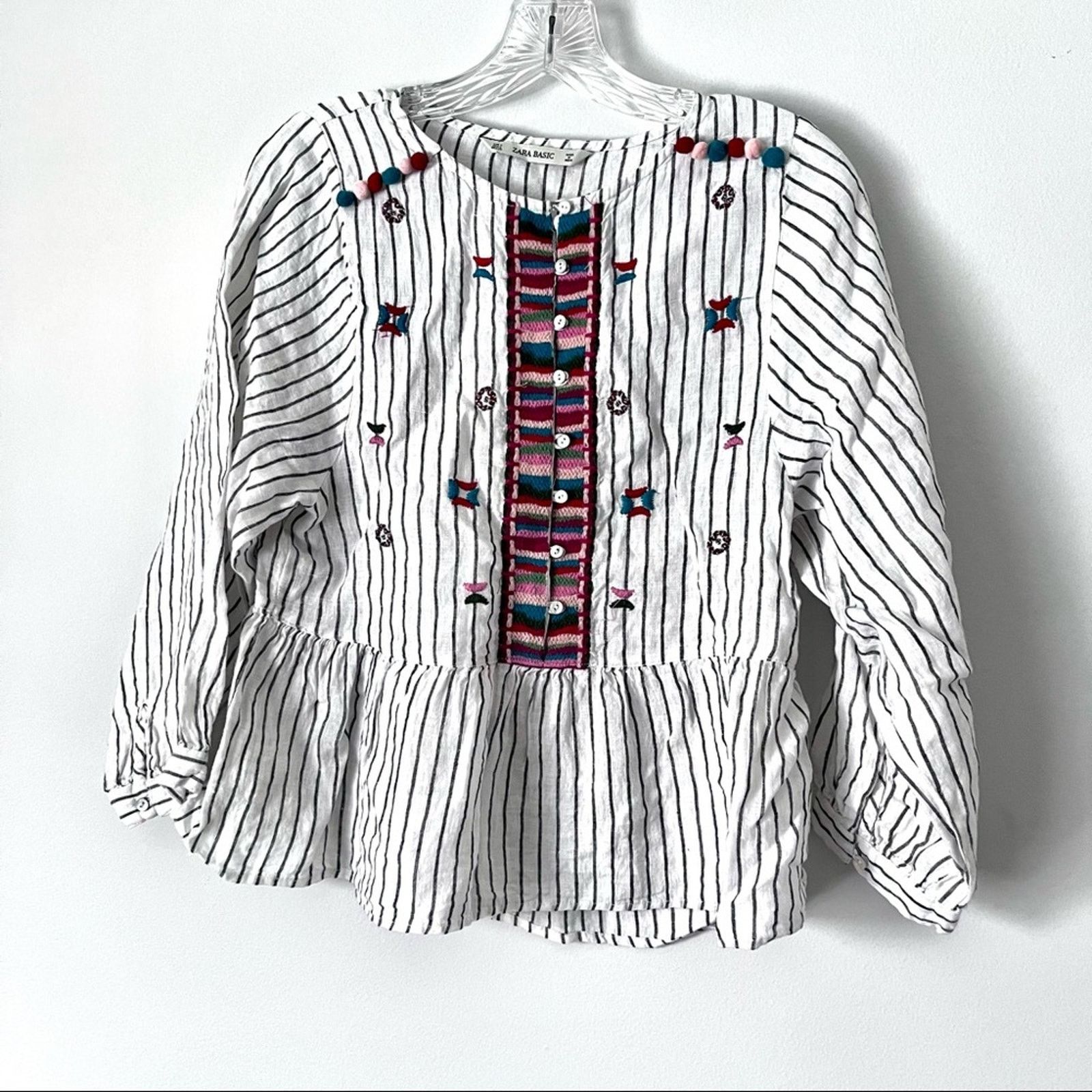 Zara Zara Embroidered Linen Pompom Peplum Top Striped Boho Size S / US 4 / IT 40 - 3 Thumbnail