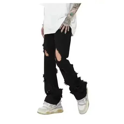 Jean Black Distressed Stacked Denim Jeans Size US 30 / EU 46 - 2 Thumbnail