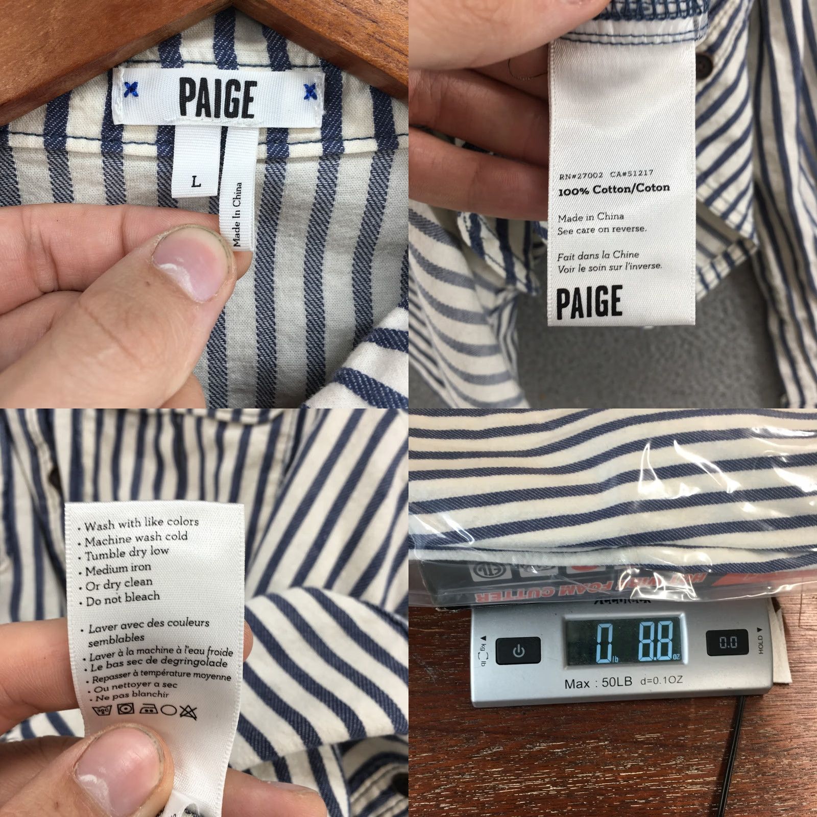 Paige Paige Long Sleeve Shirt Mens L Blue White Striped Button Down Front Pockets - China Size L Size US L / EU 52-54 / 3 - 10 Thumbnail