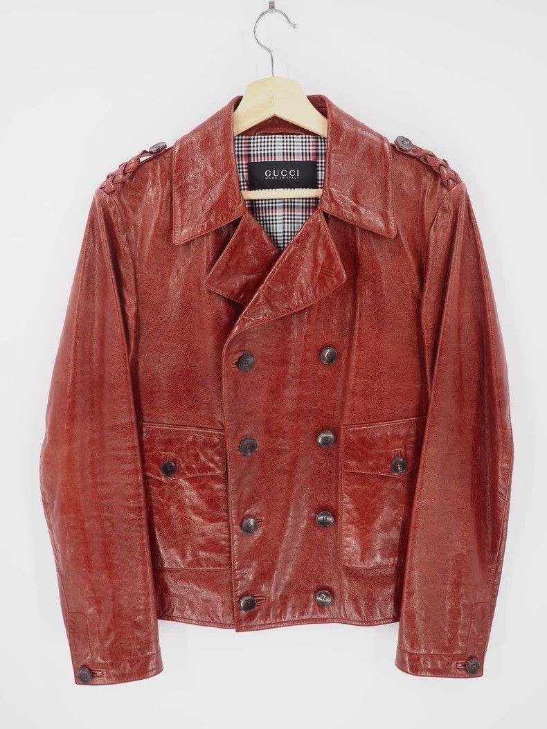 GucciBurgundy double-breasted leather jacket 2503-Nextarrow
