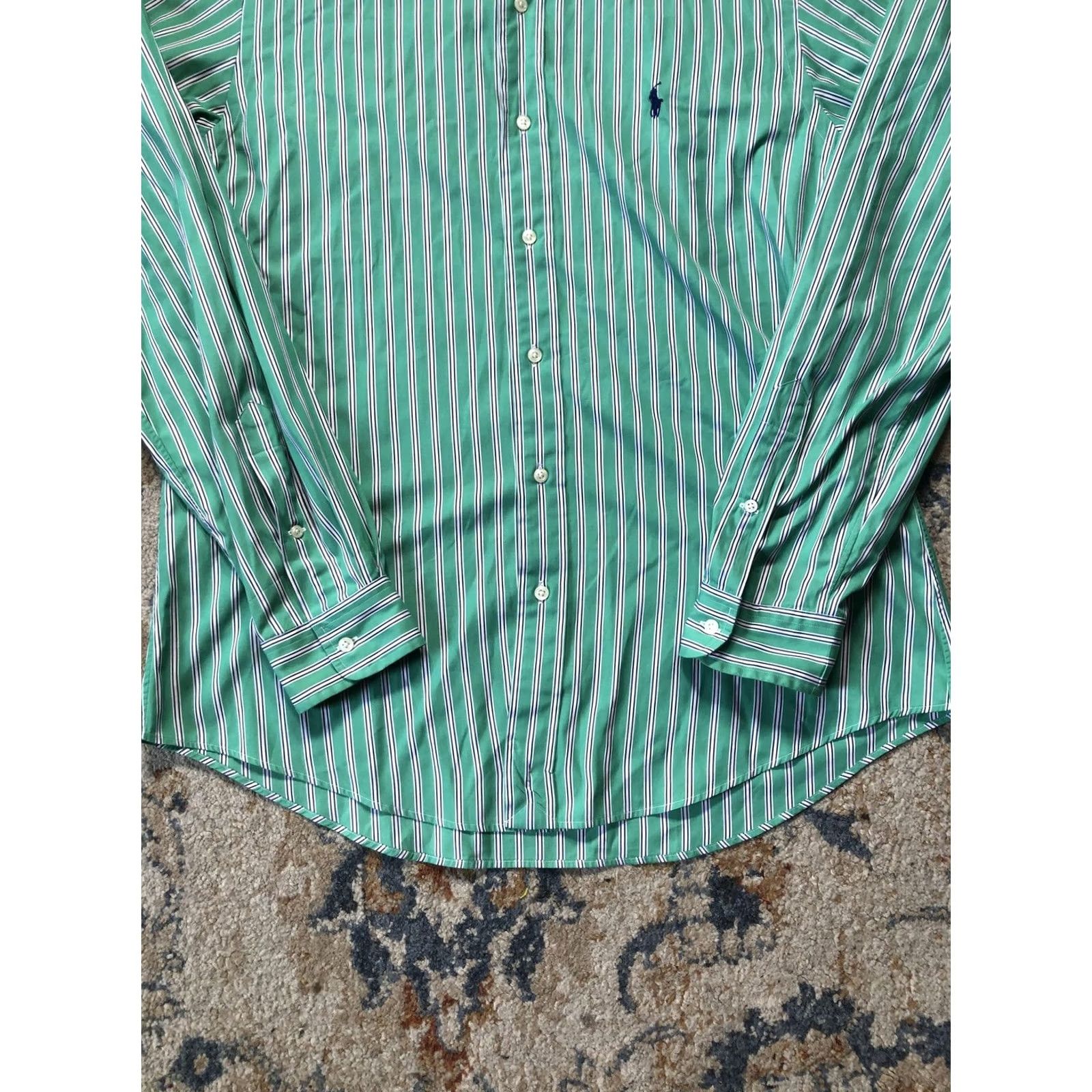 Ralph Lauren Ralph Lauren Dress Shirt Mens Large Green Stripe Slim Fit Button Down Cotton Size 42R - 2 Thumbnail
