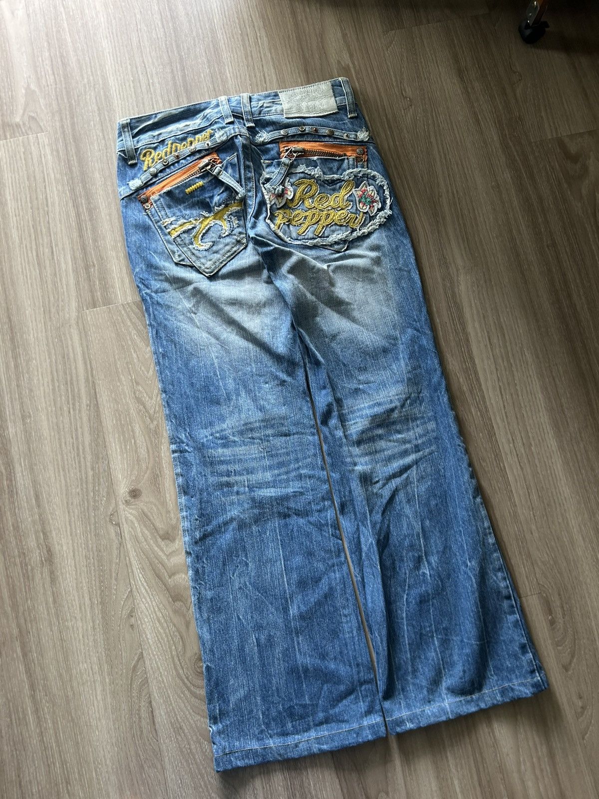 Japanese Brand Red Pepper Jeans Embroidered Skull Patch Distres Denim Flare Size US 29 - 6 Thumbnail