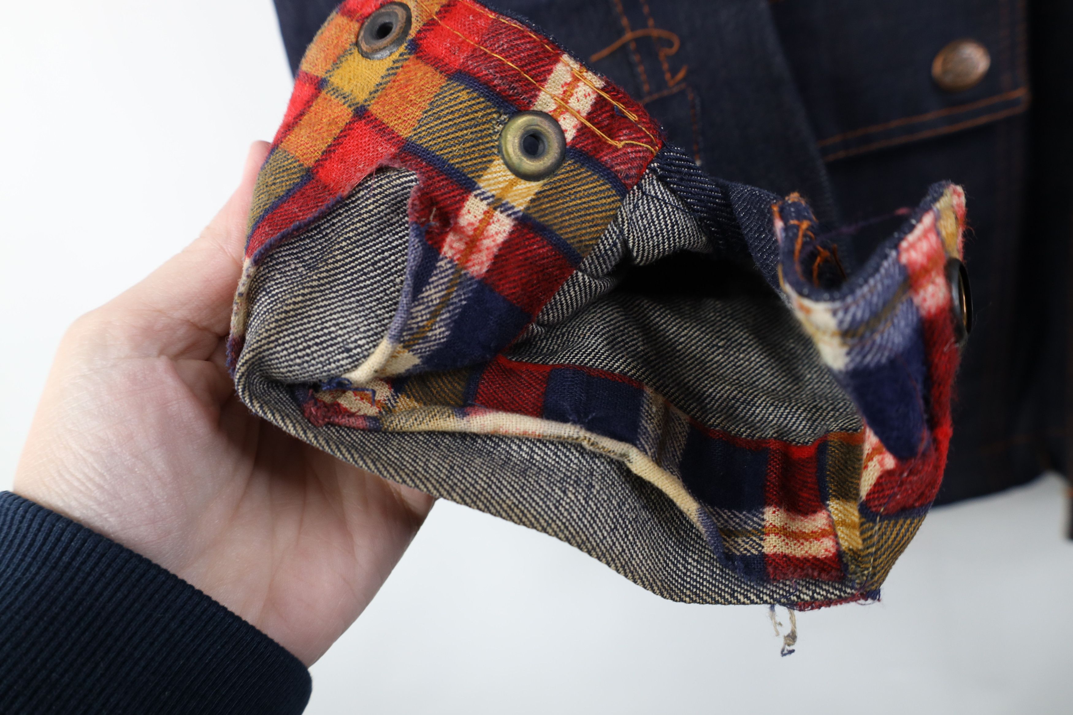 Vintage Vintage 70s Streetwear Plaid Trim Denim Chore Jacket Indigo Size US M / EU 48-50 / 2 - 8 Thumbnail