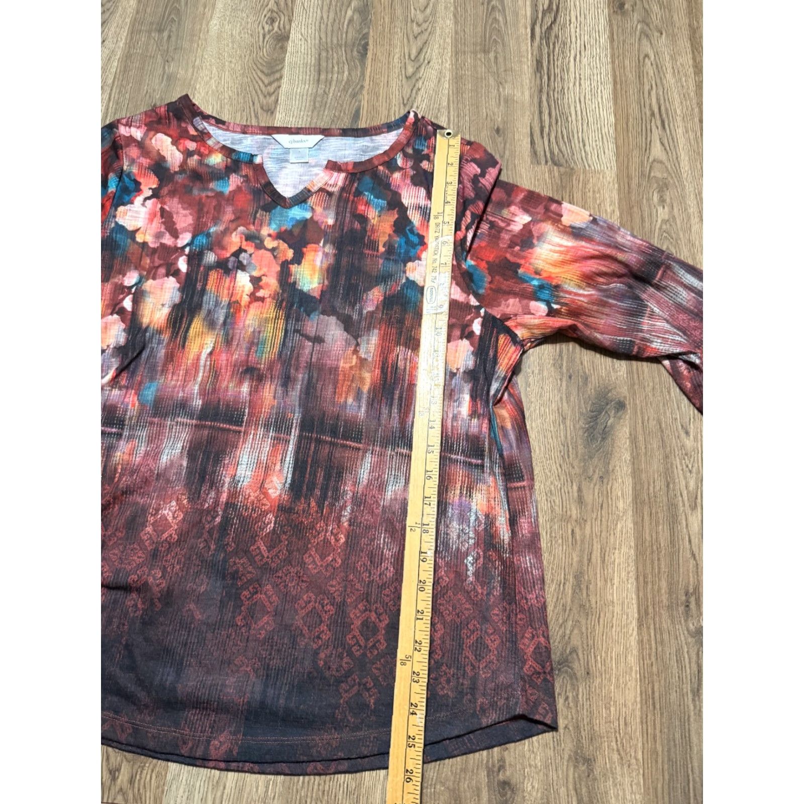 Vintage CJ Banks Shirt Women's 1X V-Neck 3/4 Sleeve T-Shirt Casual Red Orange Blue Black Satin? Size XL / US 12-14 / IT 48-50 - 7 Thumbnail