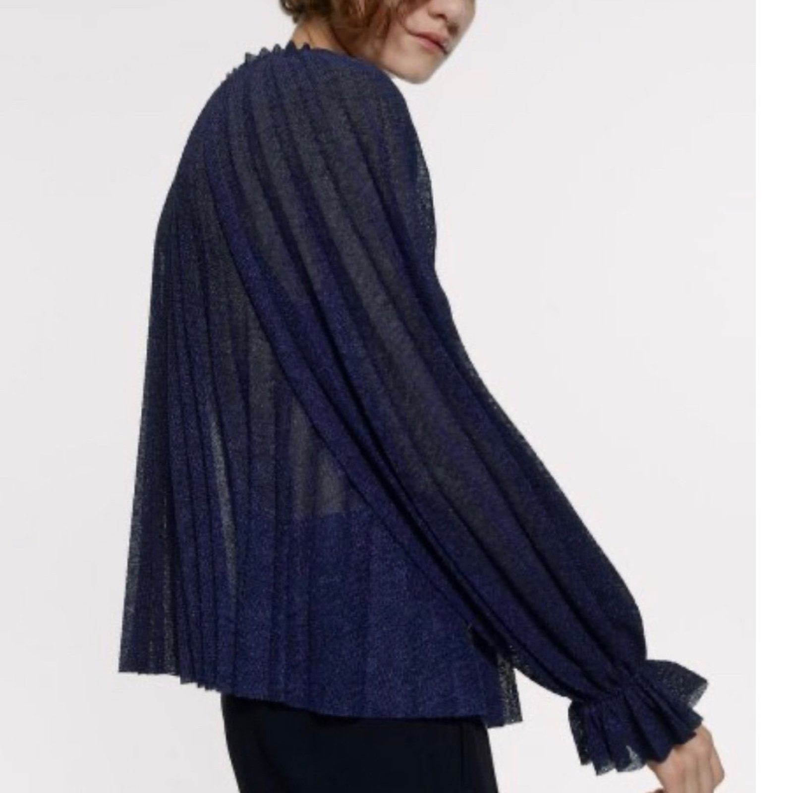 Zara Zara Knit Blue Pleated Bell Sleeve Ruffle Neck Sheer Blouse Size M / US 6-8 / IT 42-44 - 4 Thumbnail