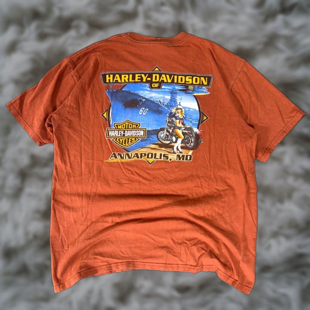 Harley Davidson VINTAGE Harley-Davidson T-Shirt XL USA Orange | Graphic Print, Pin-Up, Battleship Scene, 2000s Navy-Blue? Size US XL / EU 56 / 4 - 1 Thumbnail