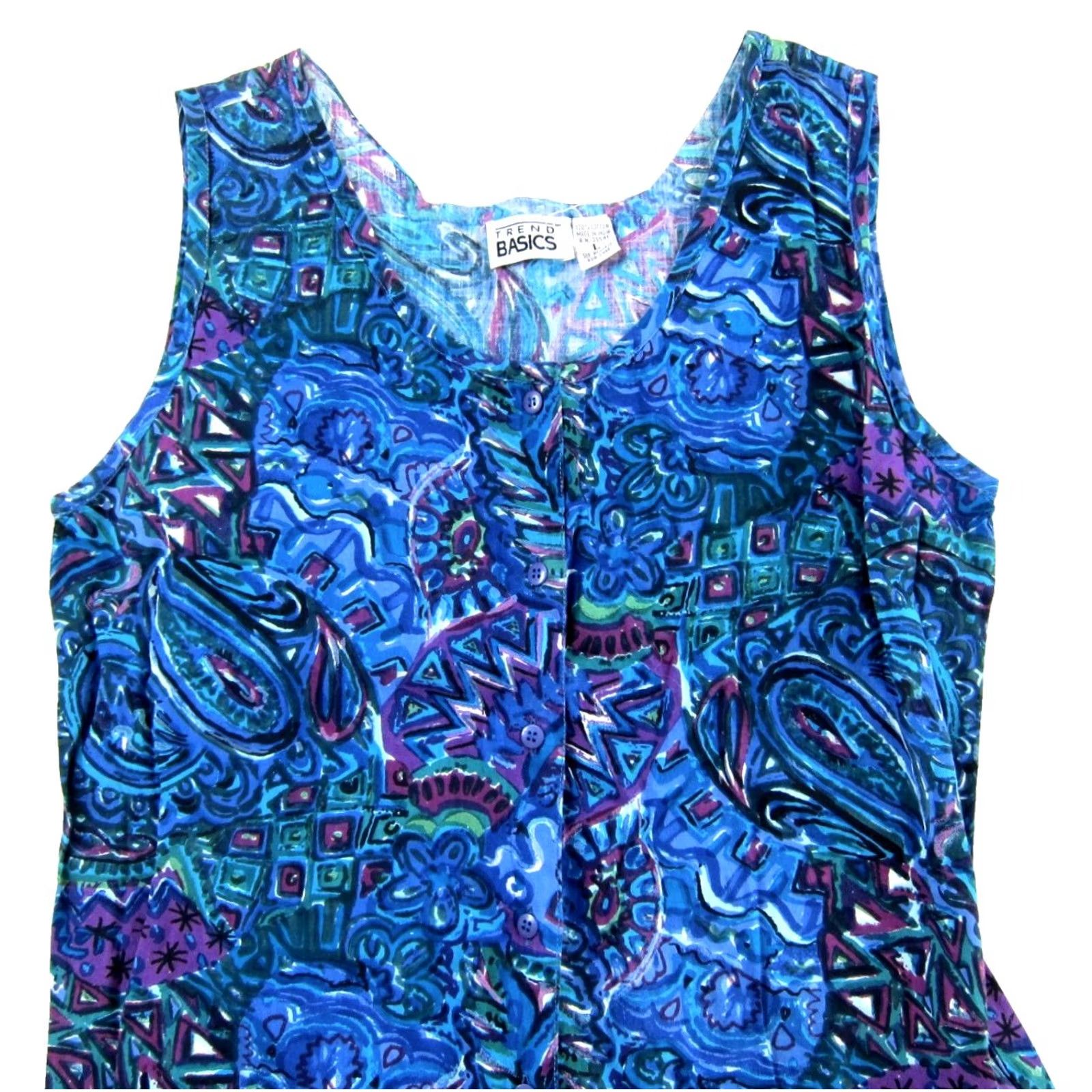 Asics VINTAGE Trend Basics Dress Womens L Blue VTG Purple Green Floral Pocket Drop Waist Midi Tank Size L / US 10 / IT 46 - 3 Thumbnail