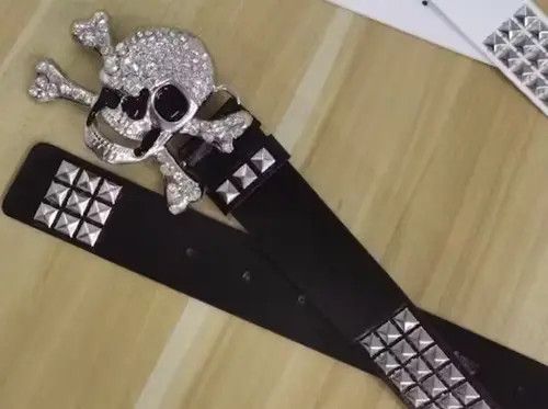 Leather Skull Rhinestone Pu Leather Belt Size ONE SIZE - 4 Thumbnail