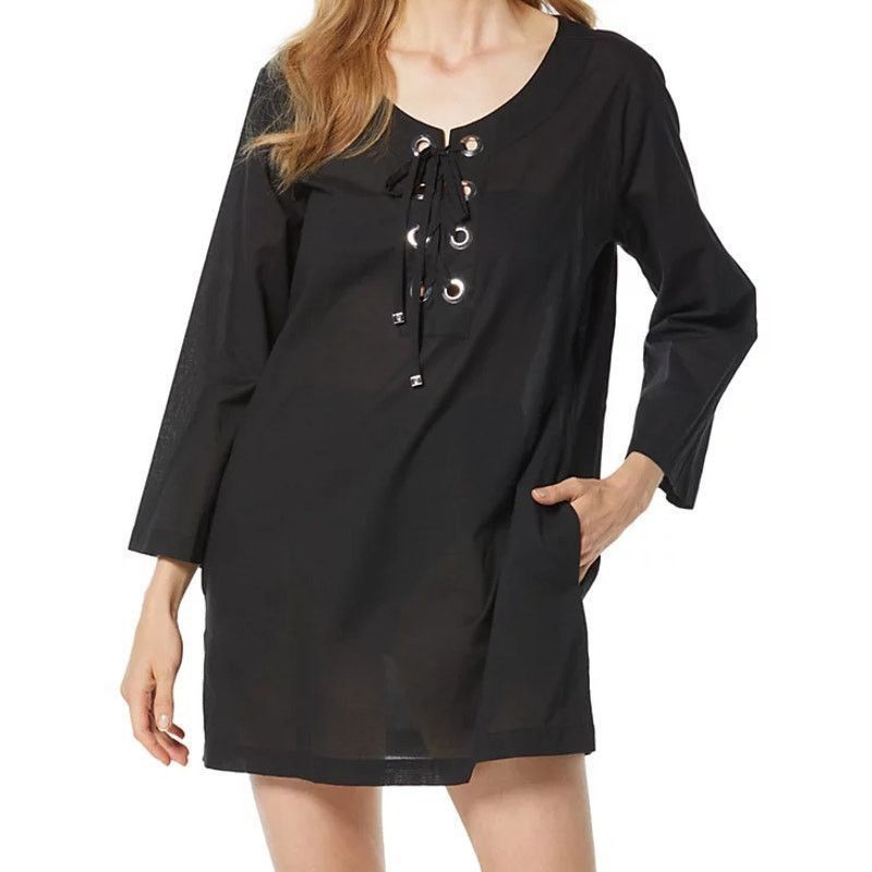 Michael Kors Michael Kors Black Cotton Lace-Up Cover-Up Dress size L Size L / US 10 / IT 46 - 1 Thumbnail