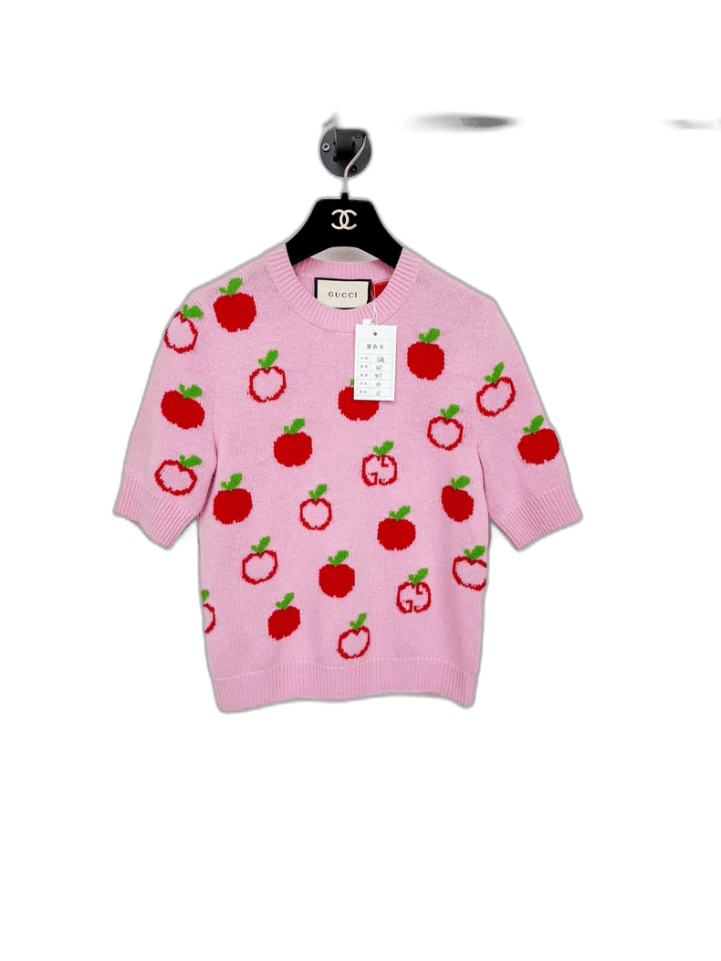 Pink Knit Sweater with Red Apple Pattern-2505