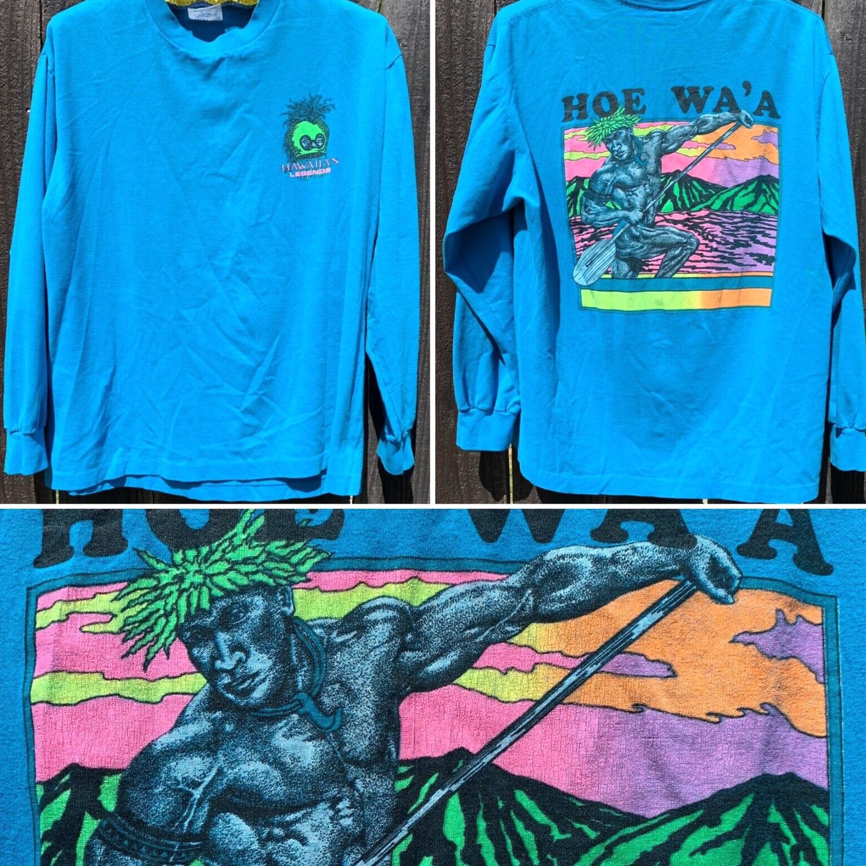 Vintage VINTAGE Hawaiian Legends HOE WA’A Neon Graphics Long Sleeve T-Shirt 1980s L Mens Blue 80s Graphic Tee Tee Jays HEF-T by Tee-Jays Size US L / EU 52-54 / 3 - 6 Thumbnail
