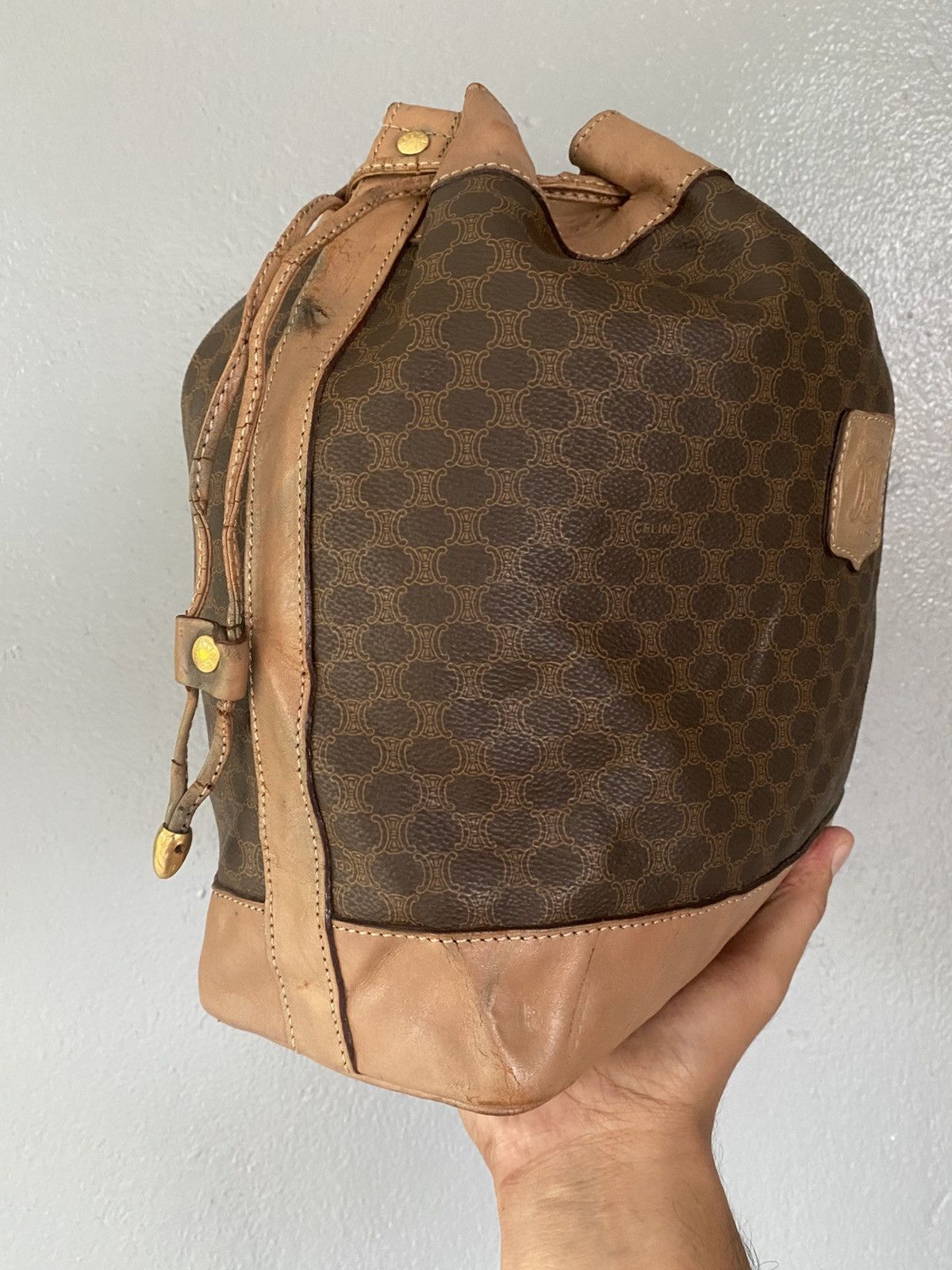 Celine × Vintage CELINE Macadam Blason Drawstring Bucket Shoulder bag brown. Size ONE SIZE - 3 Thumbnail