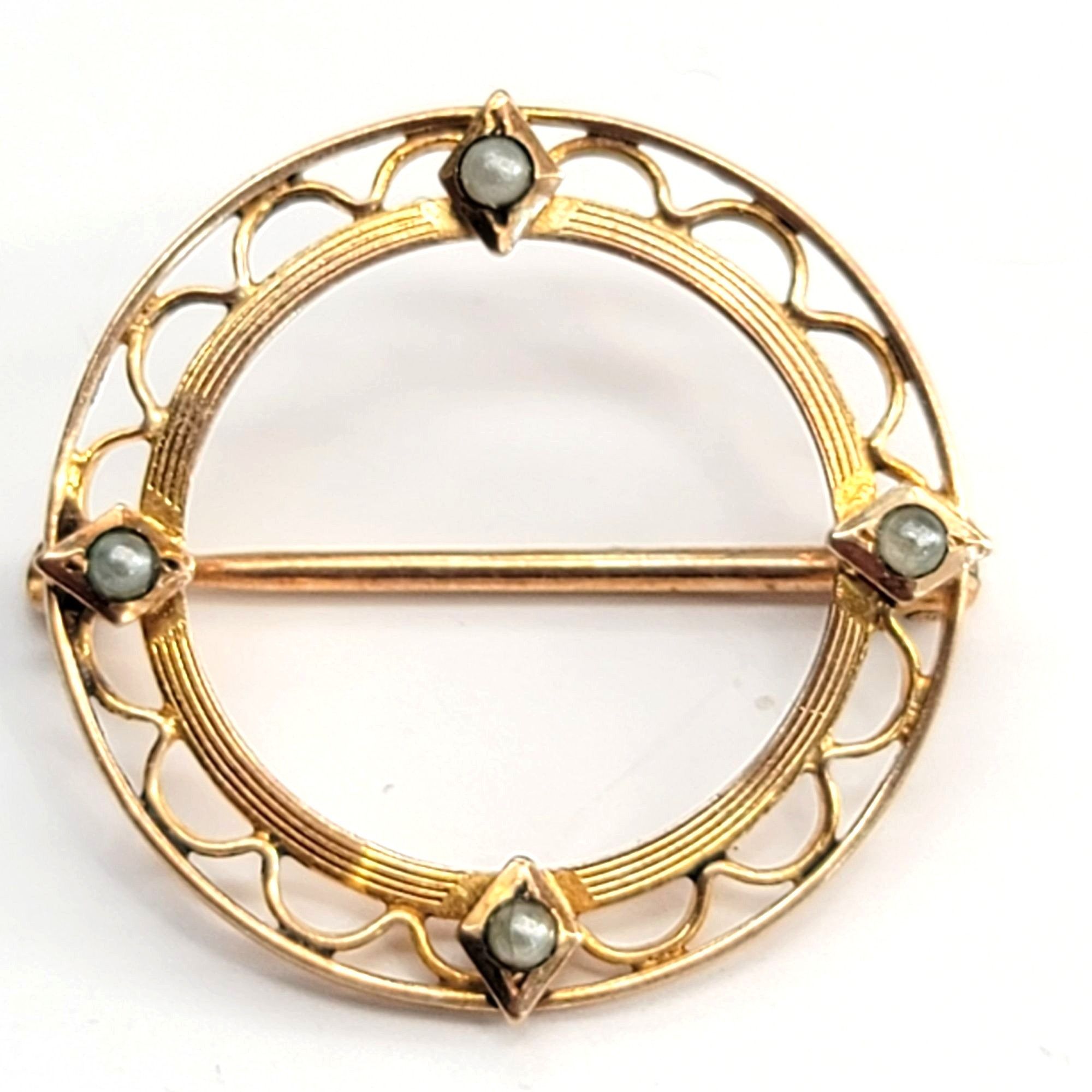 Vintage Antique Krementz 10k Gold Pin Brooch Round Seed Pearl Scallo Size ONE SIZE - 2 Thumbnail