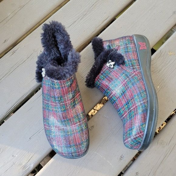 Alegria Meri Tartan Plaid Red Green Leather Faux Fur Boots