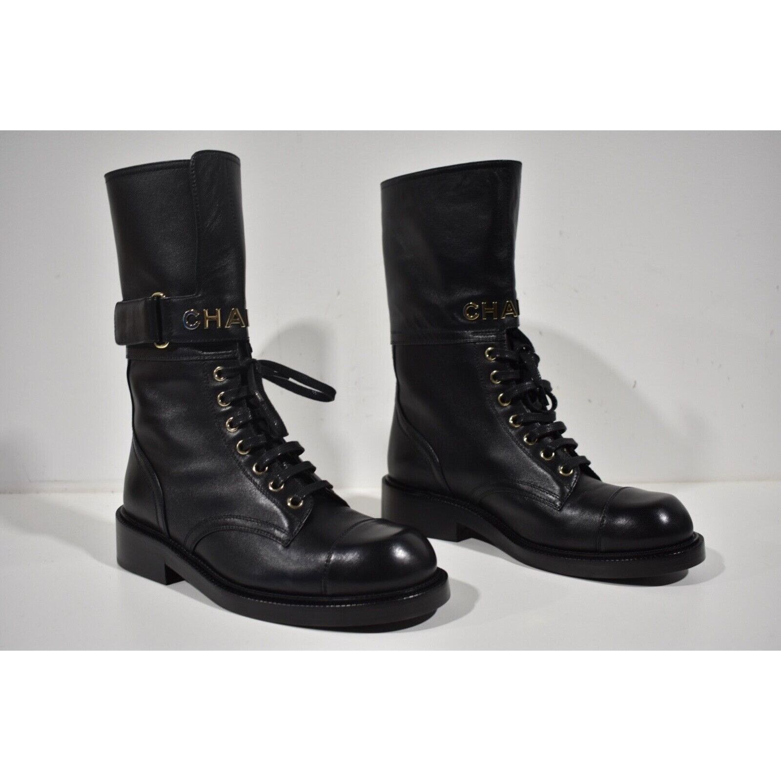 Chanel 22A Logo CC Combat Lace Up Tie Military Tall Boots 37.5 Size US 7.5 / IT 37.5 - 2 Thumbnail