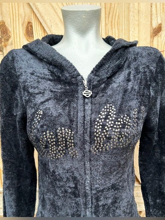 Harley Davidson Harley Davidson Black Velour Rhinestone Zip Hoodie Jacket Size M / US 6-8 / IT 42-44 - 2 Thumbnail