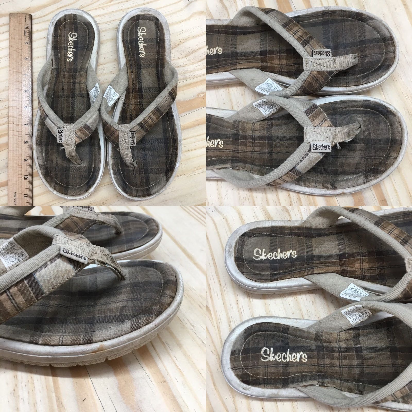 SKECHERS Skechers Sandals Womens 9 Casual Slip On Plaid Flip Flops 46463 Brown Fabric Size US 9 / IT 39 - 8 Thumbnail
