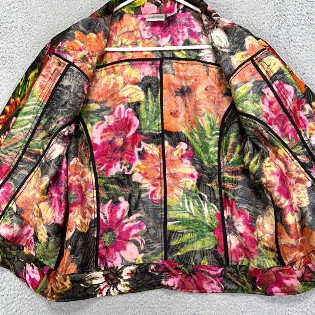 Vintage Chico's Trucker Jacket Womens 2 Black Floral Silk Metallic Open Front Coat Ladies Size XS / US 0-2 / IT 36-38 - 2 Thumbnail