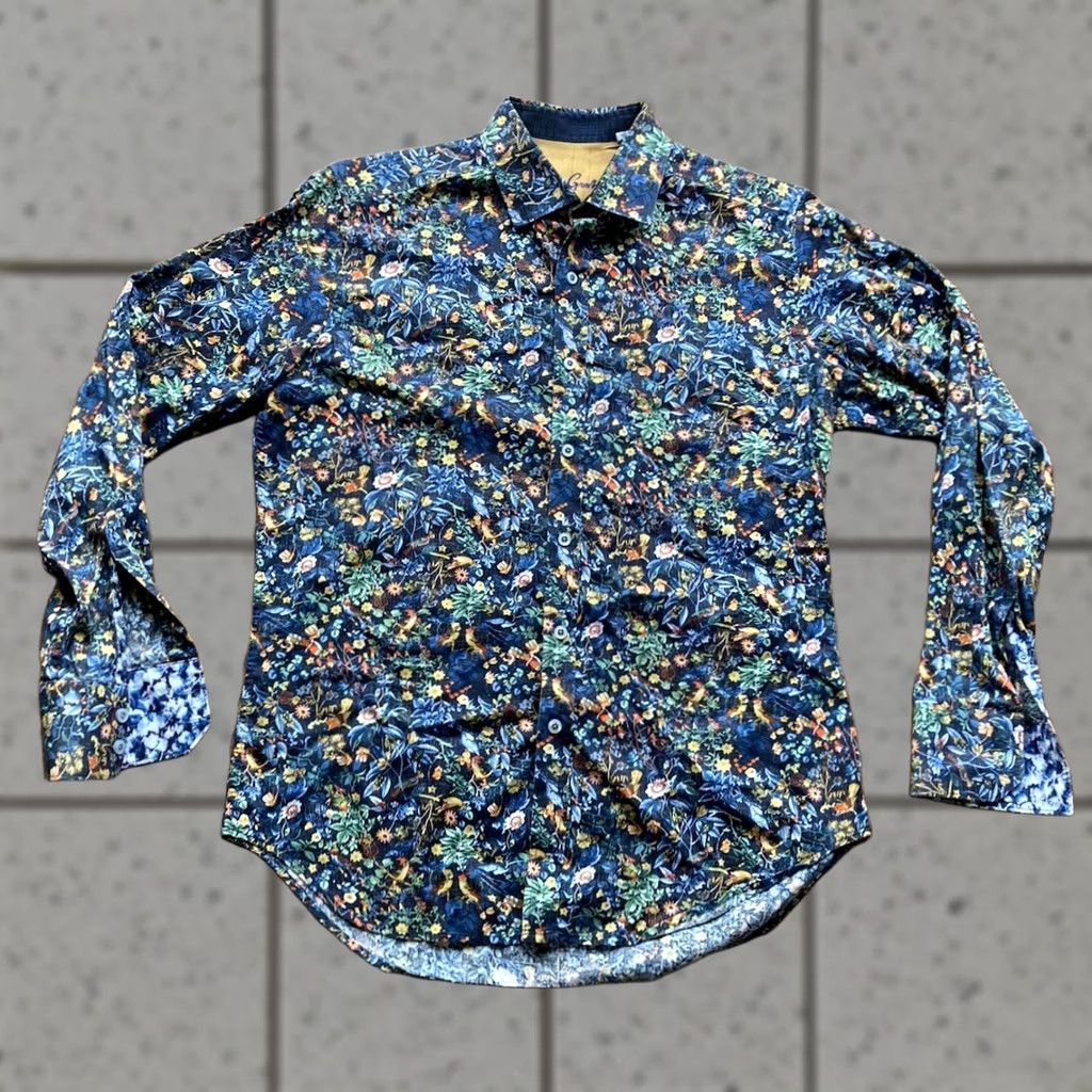 Robert Graham Robert Graham Mens Small Blue Floral Button Up Shirt Long Sleeve AOP Flip Cuff Size US S / EU 44-46 / 1 - 1 Thumbnail