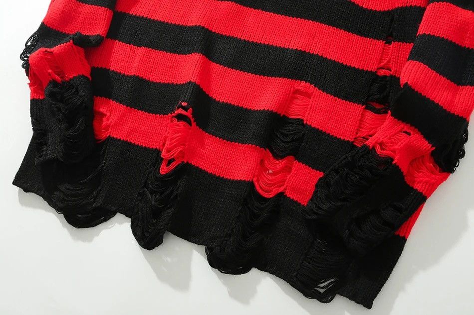 Japanese Brand × Vintage Sweater retro style loose pullover stripes torn holes fringe Size US L / EU 52-54 / 3 - 7 Thumbnail