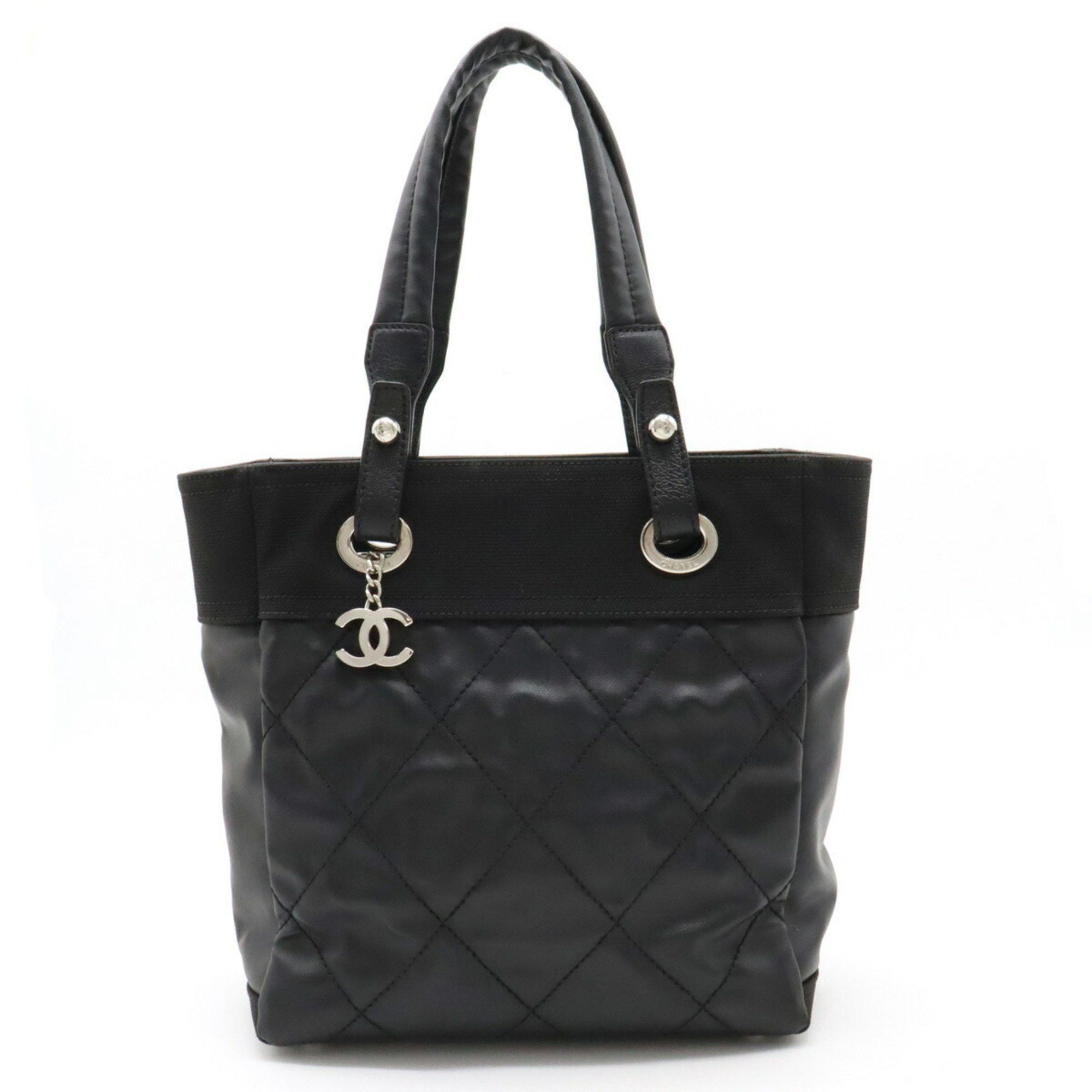 image of Chanel Paris Biarritz Tote Pm Bag Shoulder Coated Canvas Leather Black A34208, Women's