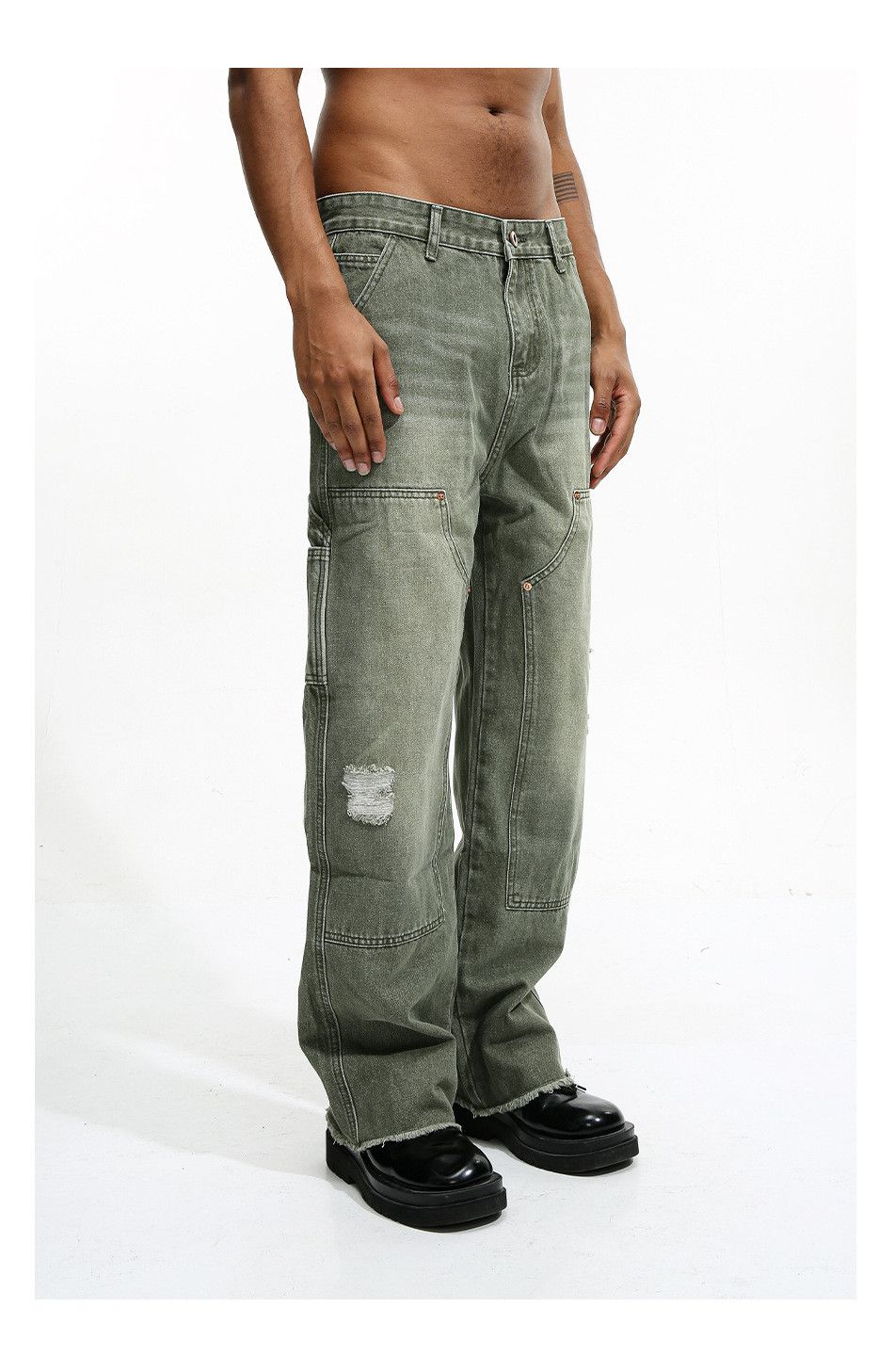 washed faded carpenter cargo damaged jeans