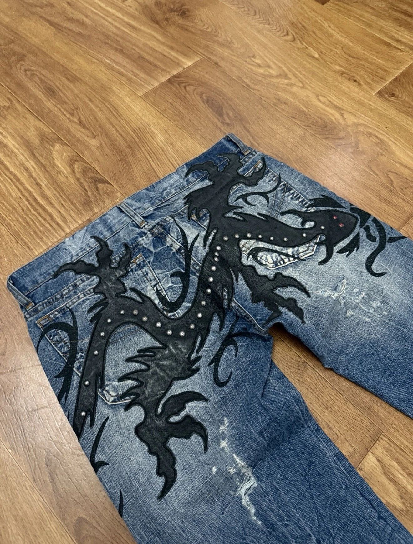 Other Y2K Jeans Embroidered Leather Dragon Rap Italy Made Sz 34/35 Size US 34 / EU 50 - 3 Thumbnail
