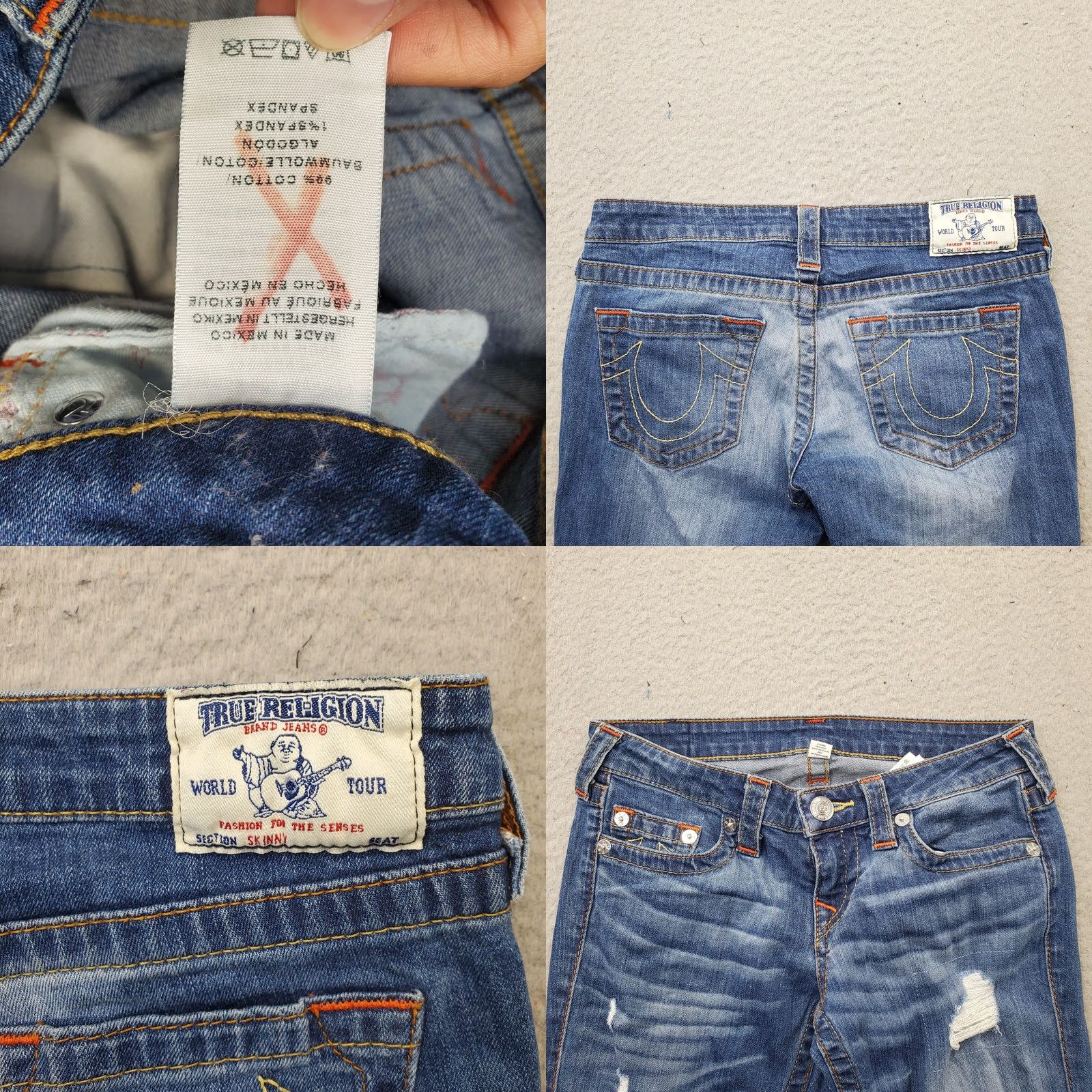 True Religion True Religion Skinny Jeans Women 26 Blue Denim Stretch Boho Whiskered Distressed Size 26" / US 2 / IT 38 - 8 Thumbnail