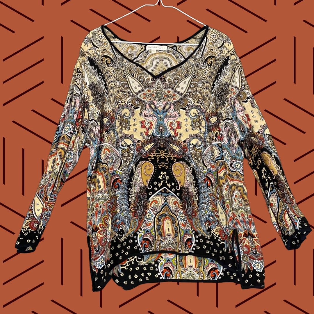 Anthropologie ANTHROPOLOGIE Love Kyla Tunic Blouse Womens Large Multicolor Paisley V-Neck Boho Size L / US 10 / IT 46 - 1 Thumbnail
