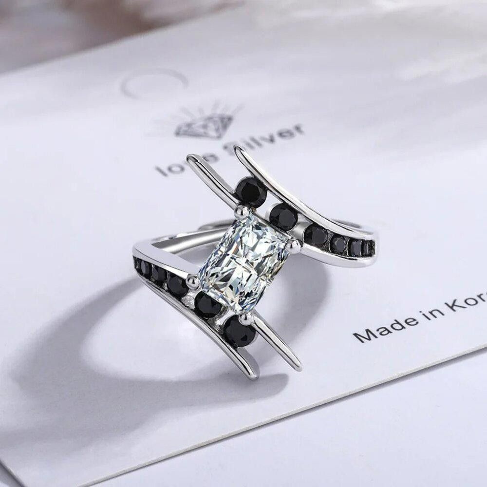Designer Sterling Silver Created Black Sapphire Geometric Ring Size ONE SIZE - 6 Thumbnail