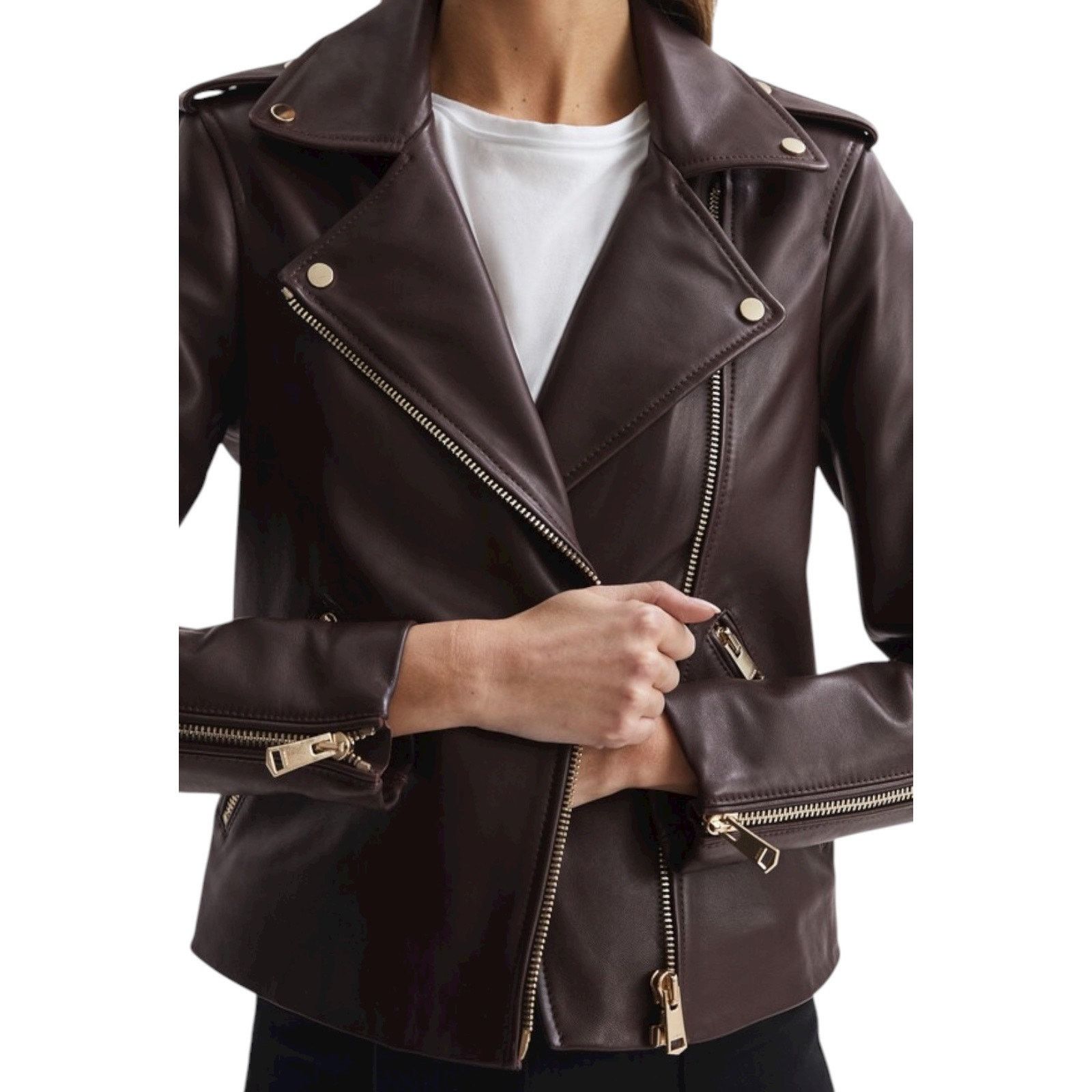 Reiss Leiya Lamb Leather Moto Jacket In Berry Red Size 4
