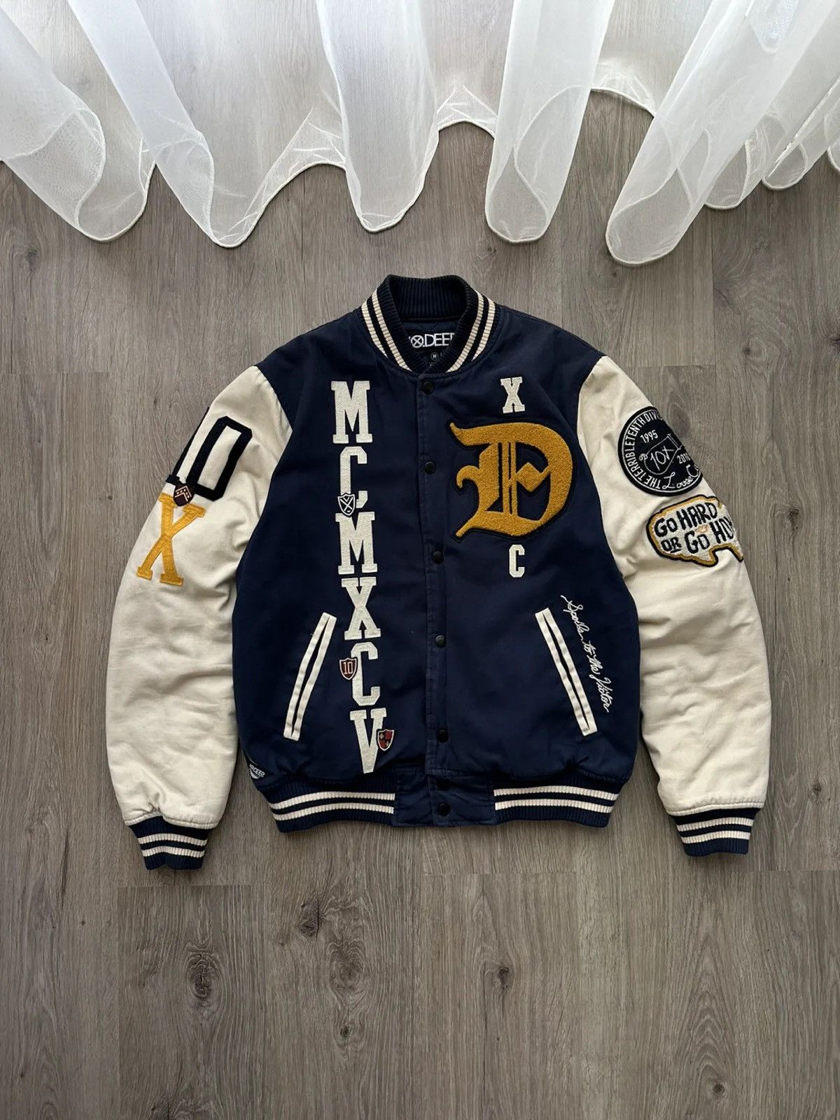 image of Bomber Jacket x Varsity Jacket Vintage Varsity Mcmxcv Bomber Deep Loose Cannon Jacket (Size Medium)