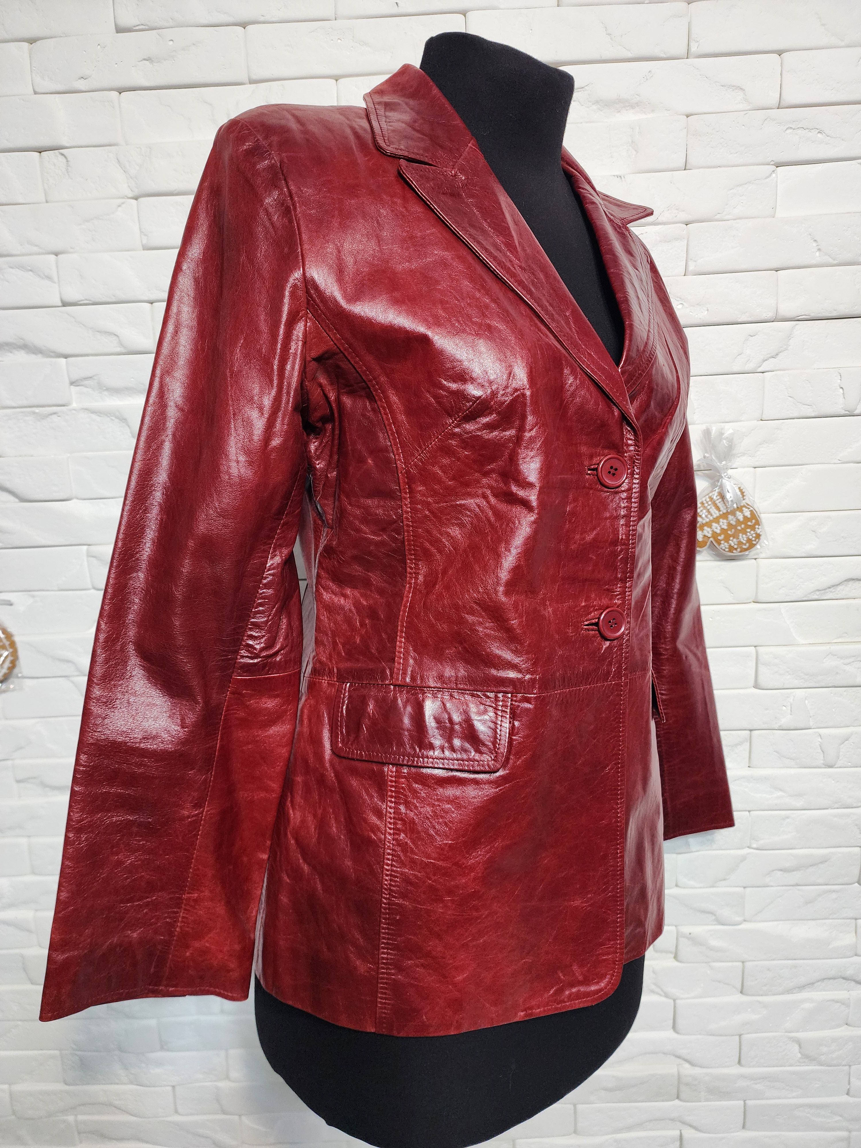 Genuine Leather Red Leather Jacket: Women's Button-Up Genuine Leather Coat Size L / US 10 / IT 46 - 2 Thumbnail