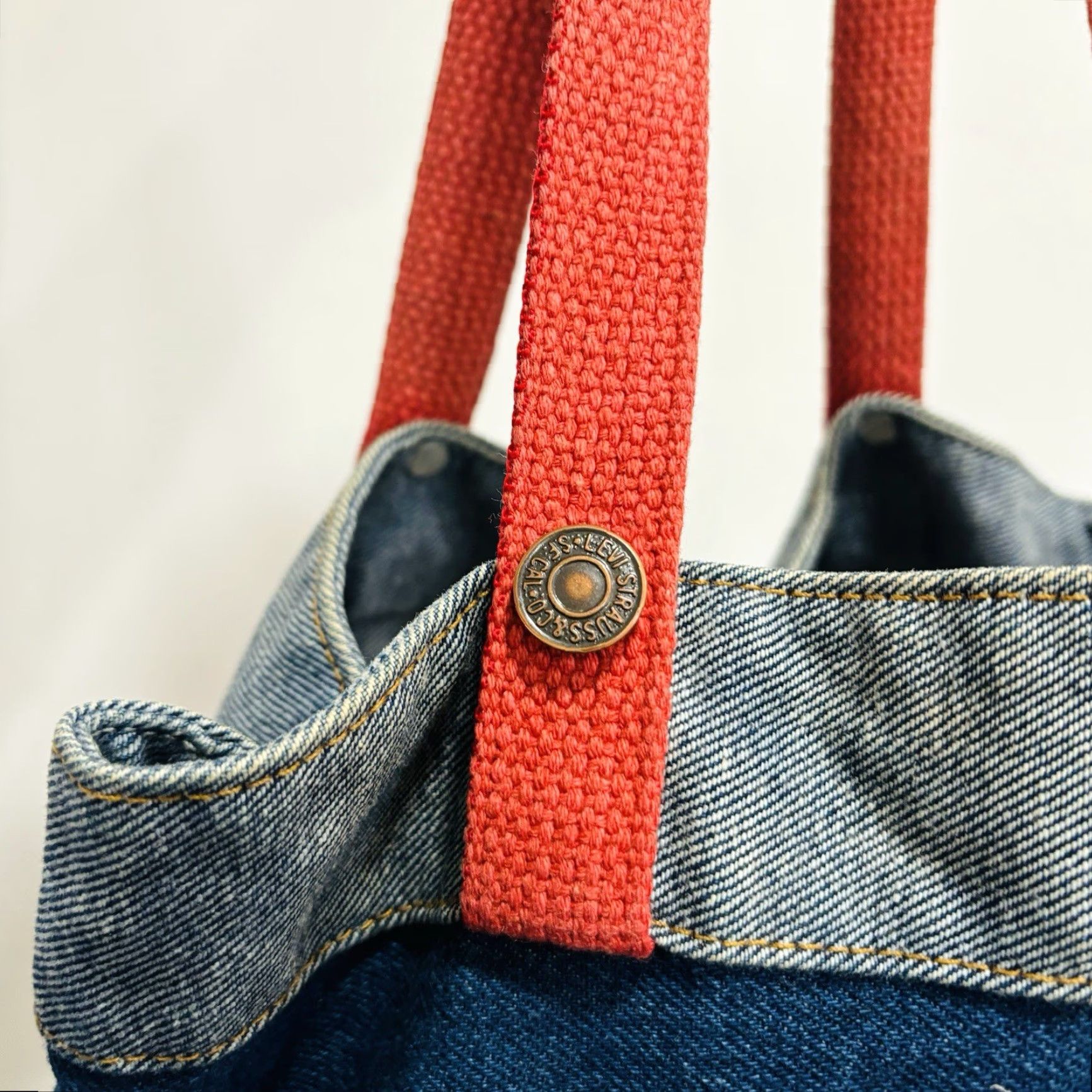 VINTAGE Levi’s Denim Tote Bag With Red Handles Leather Patch Made in USA Totes & Shoppers Blue Denim Levi’s Tote Bag Womens/Mens