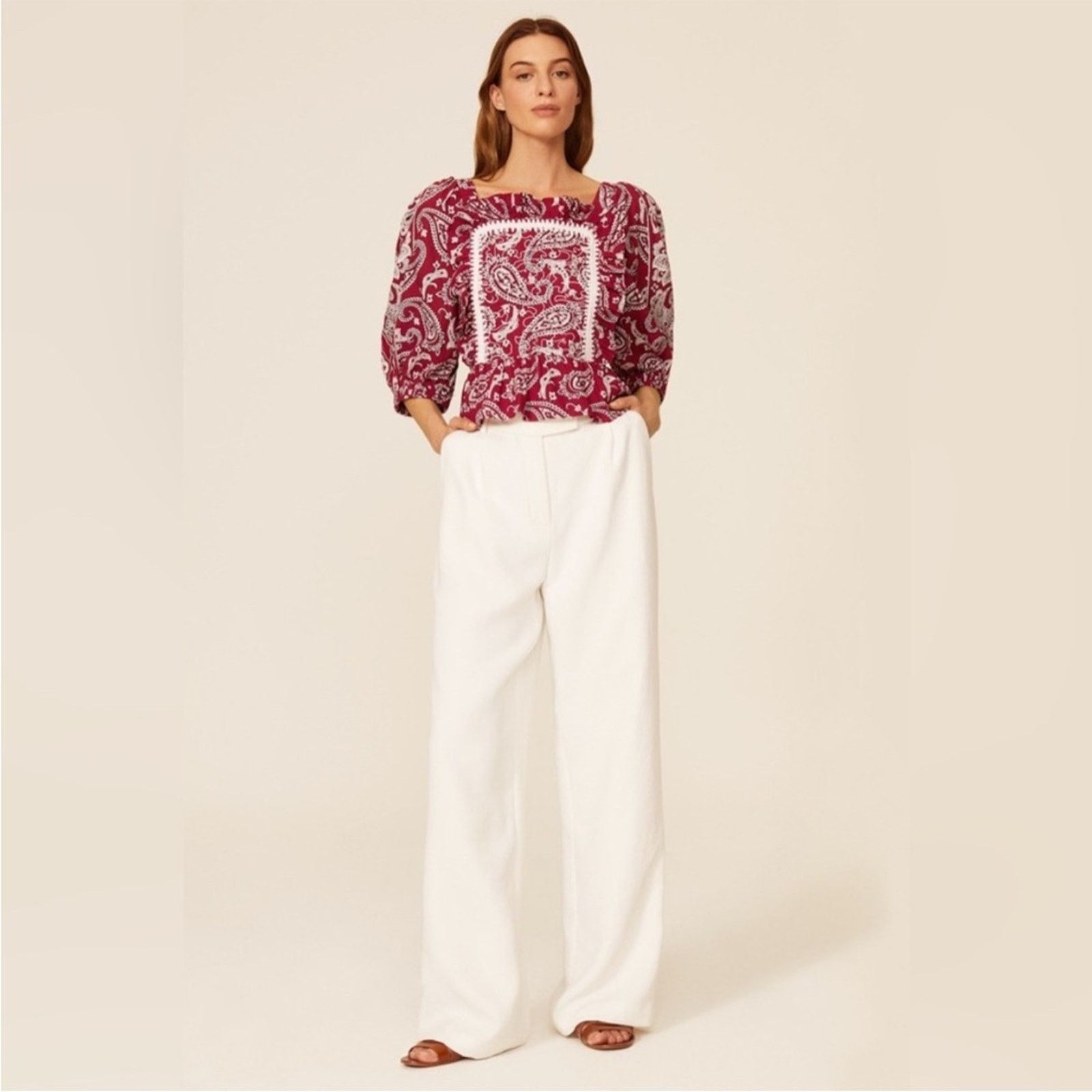 Sea New York Sea New York Red Theodora Paisley Blouse with Lace Detail Size M / US 6-8 / IT 42-44 - 3 Thumbnail