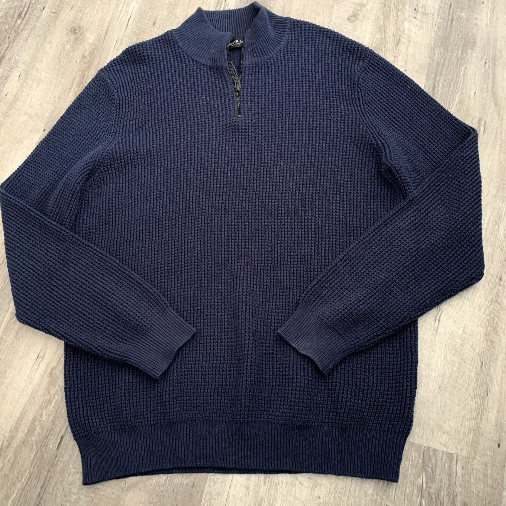 Kenneth Cole KENNETH COLE Sweater Mens XL Blue 1/4 Zip Waffle-Knit Pullover Cotton Acrylic Mock Neck Long Sleeve Casual Classic Foldable? Size US XL / EU 56 / 4 - 6 Thumbnail
