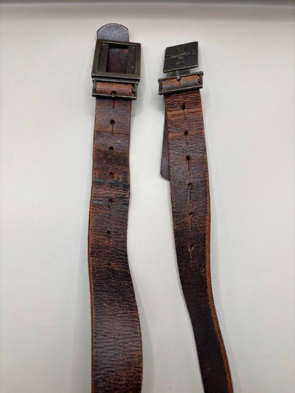 Vintage Vintage Distressed Leather Belt - Fleur-de-lis Plaque Buckle Size ONE SIZE - 7 Thumbnail